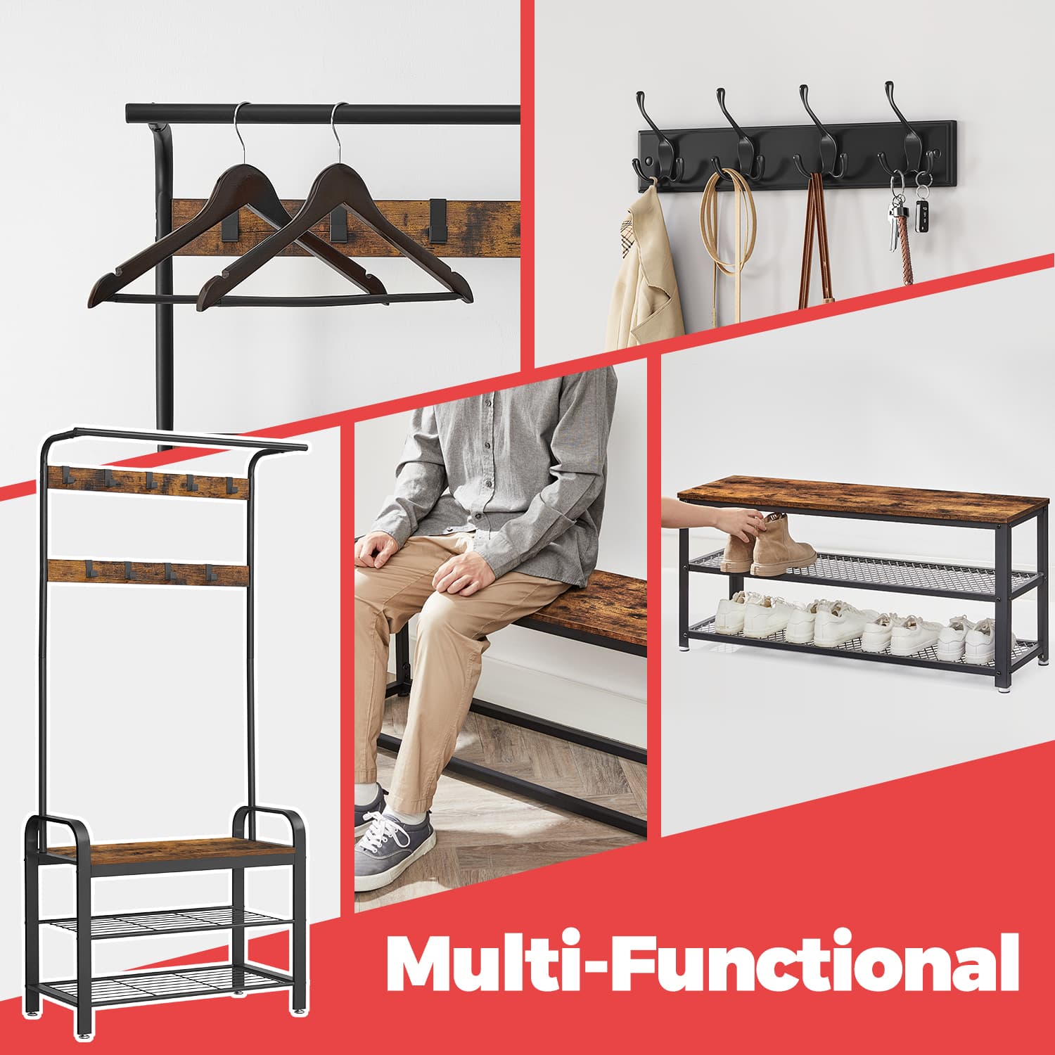 Hall Tree - Wood - Rustic Brown and Black - 4-in-1 Design with Bench and 9 Removable Hooks