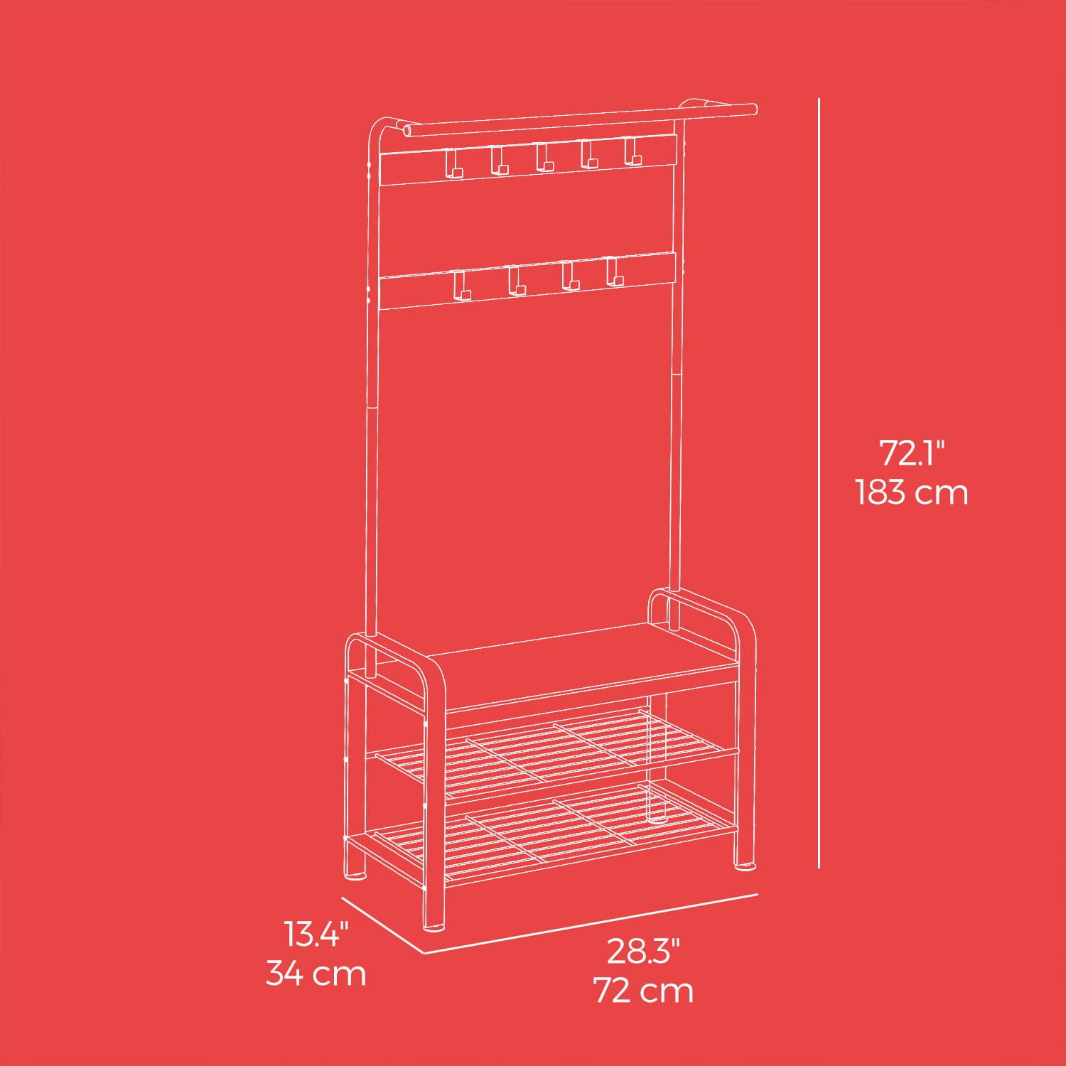 Hall Tree - Wood - Rustic Brown and Black - 4-in-1 Design with Bench and 9 Removable Hooks