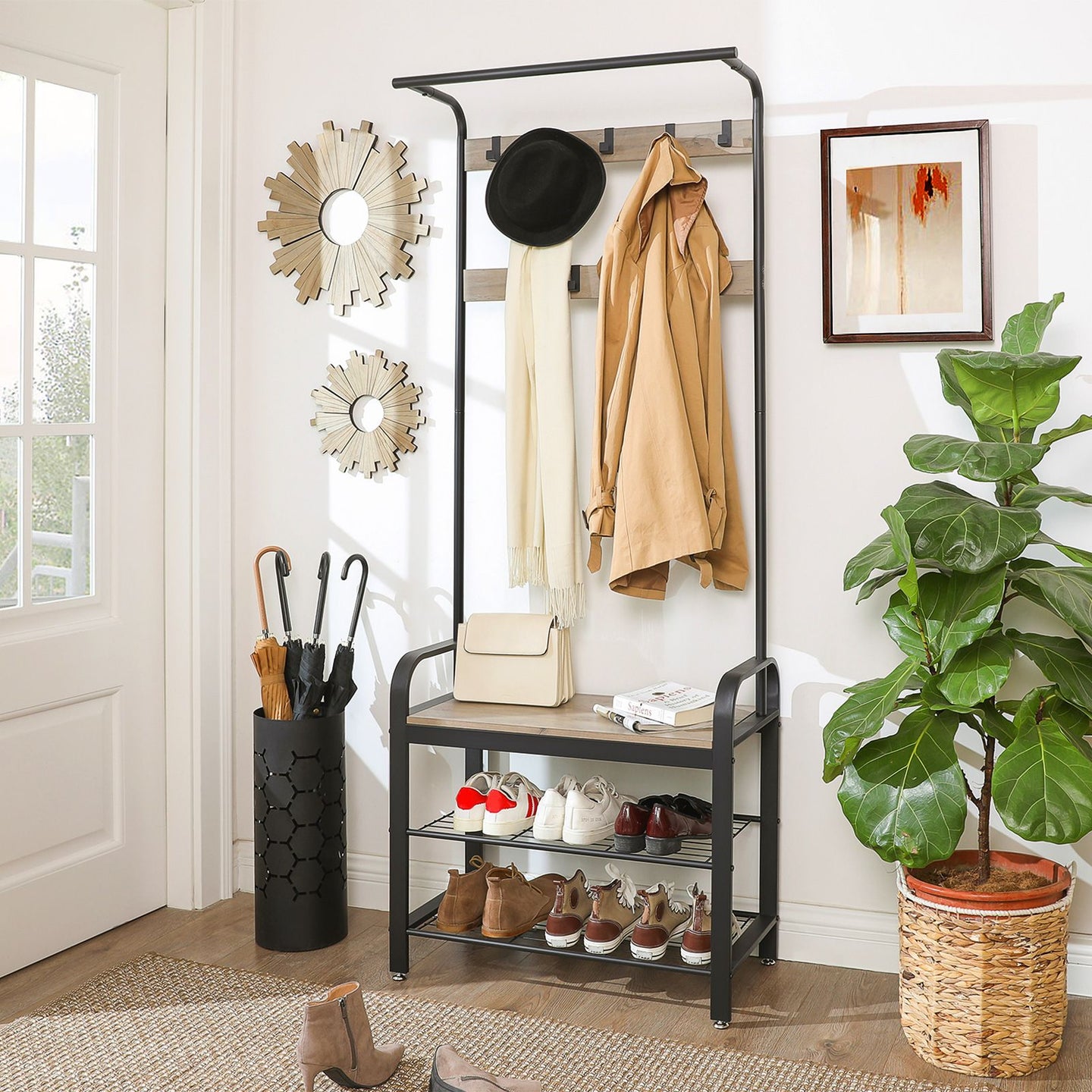 Hall Tree - Metal - Rustic Brown - Multifunctional with Removable Hooks
