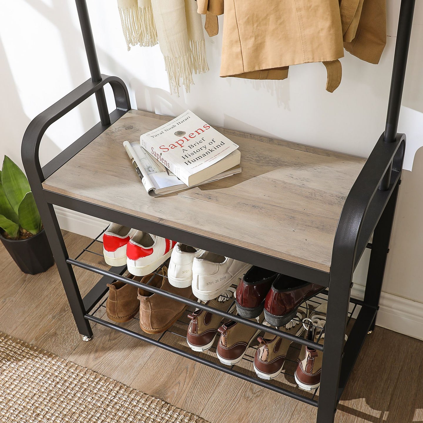 Hall Tree - Metal - Rustic Brown - Multifunctional with Removable Hooks