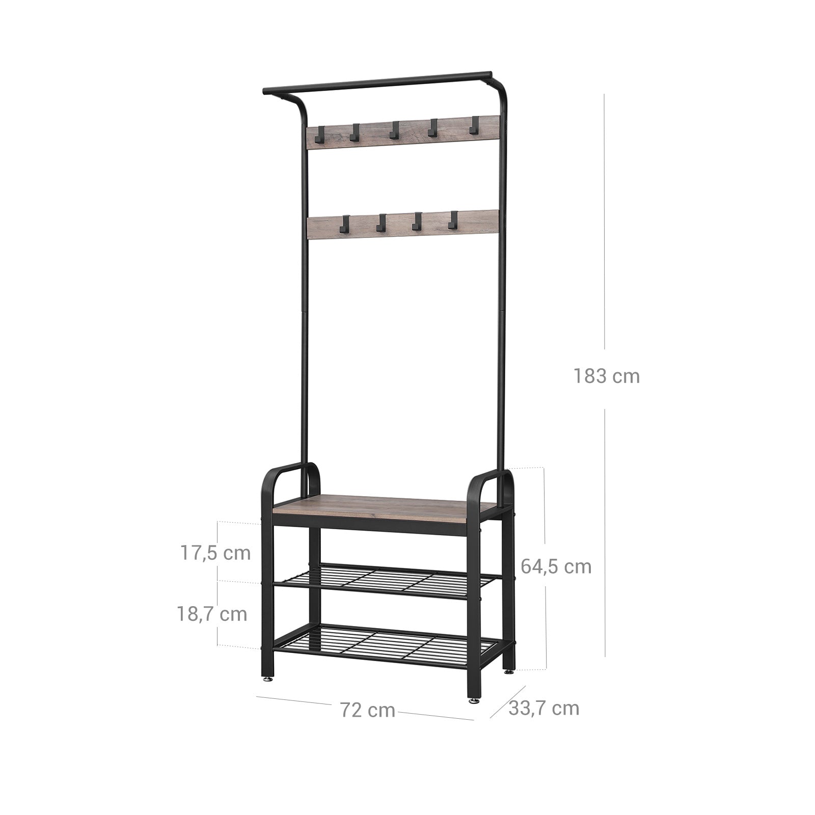 Hall Tree - Metal - Rustic Brown - Multifunctional with Removable Hooks