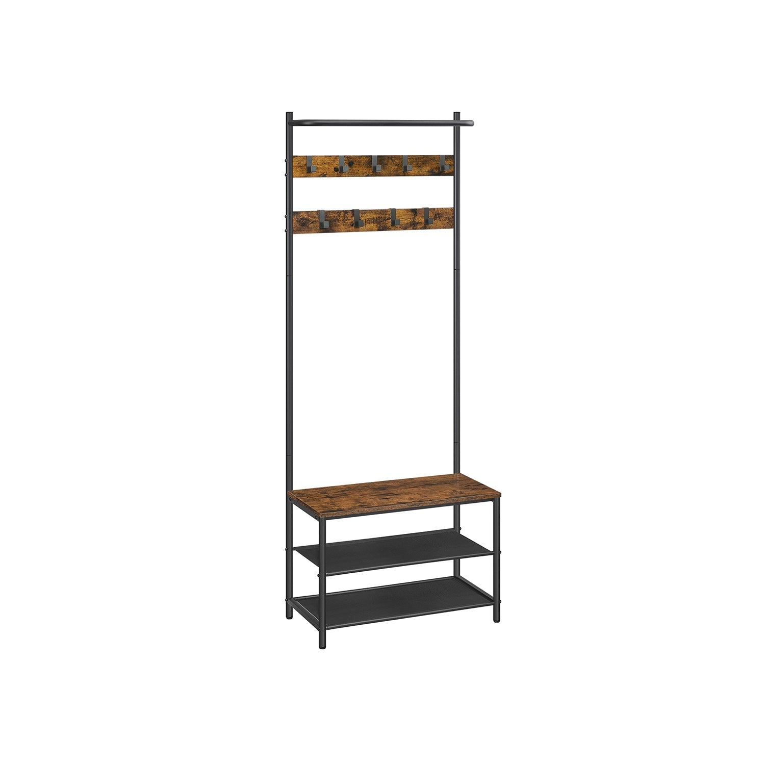 Coat Rack - Wood - Rustic Brown and Black - Hall Tree with Shoe Storage and Movable Hooks