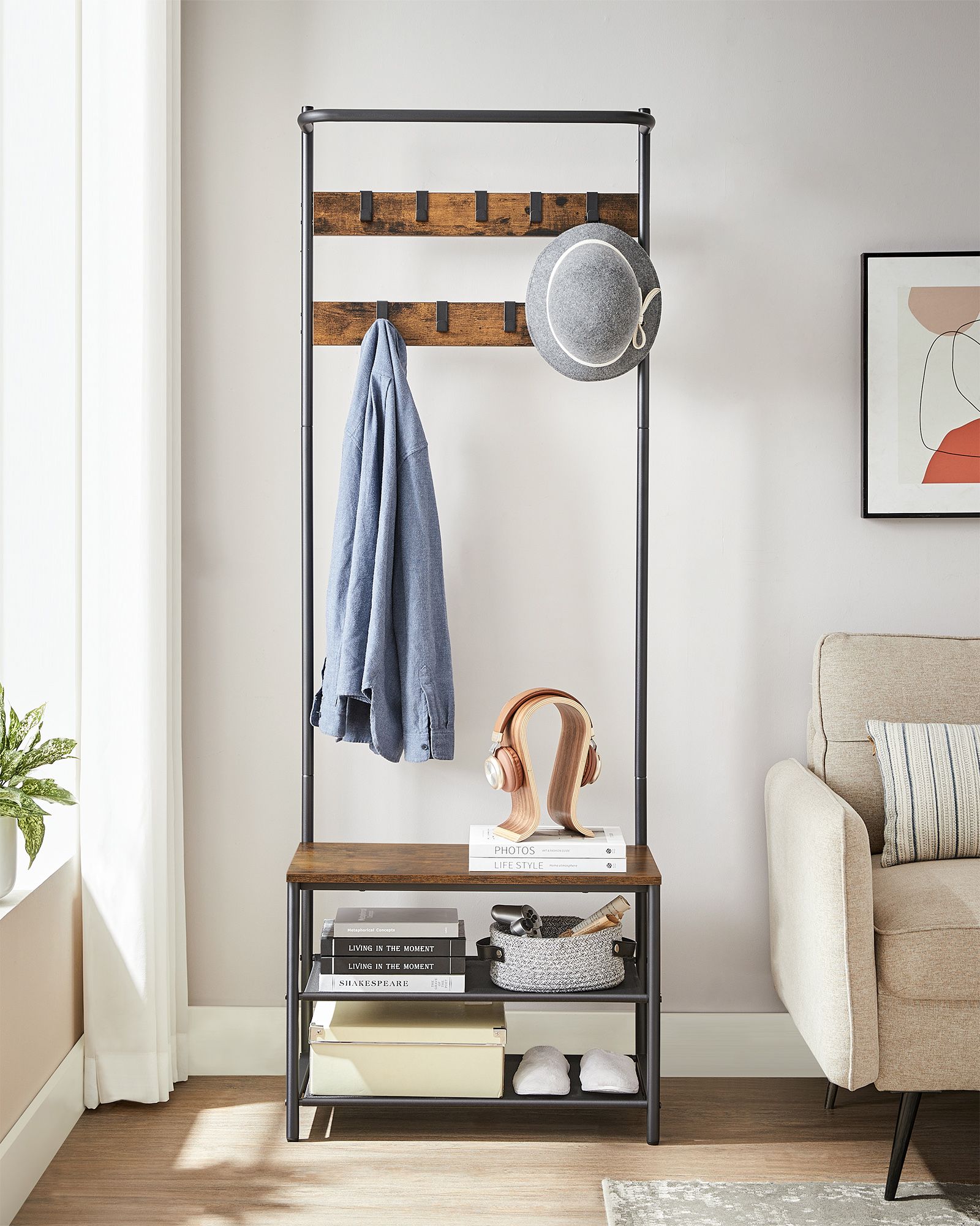 Coat Rack - Wood - Rustic Brown and Black - Hall Tree with Shoe Storage and Movable Hooks