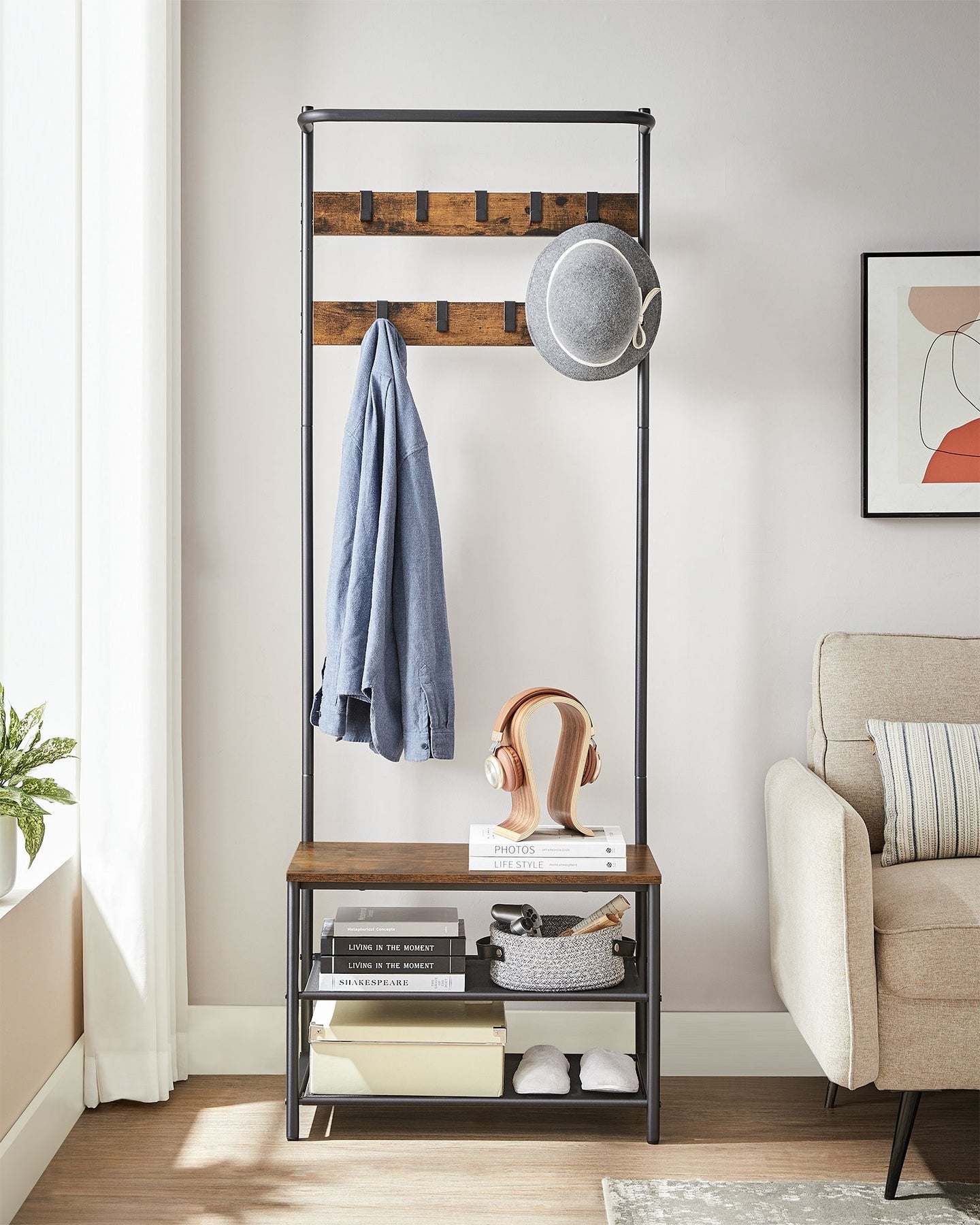 Coat Rack - Wood - Rustic Brown and Black - Hall Tree with Shoe Storage and Movable Hooks