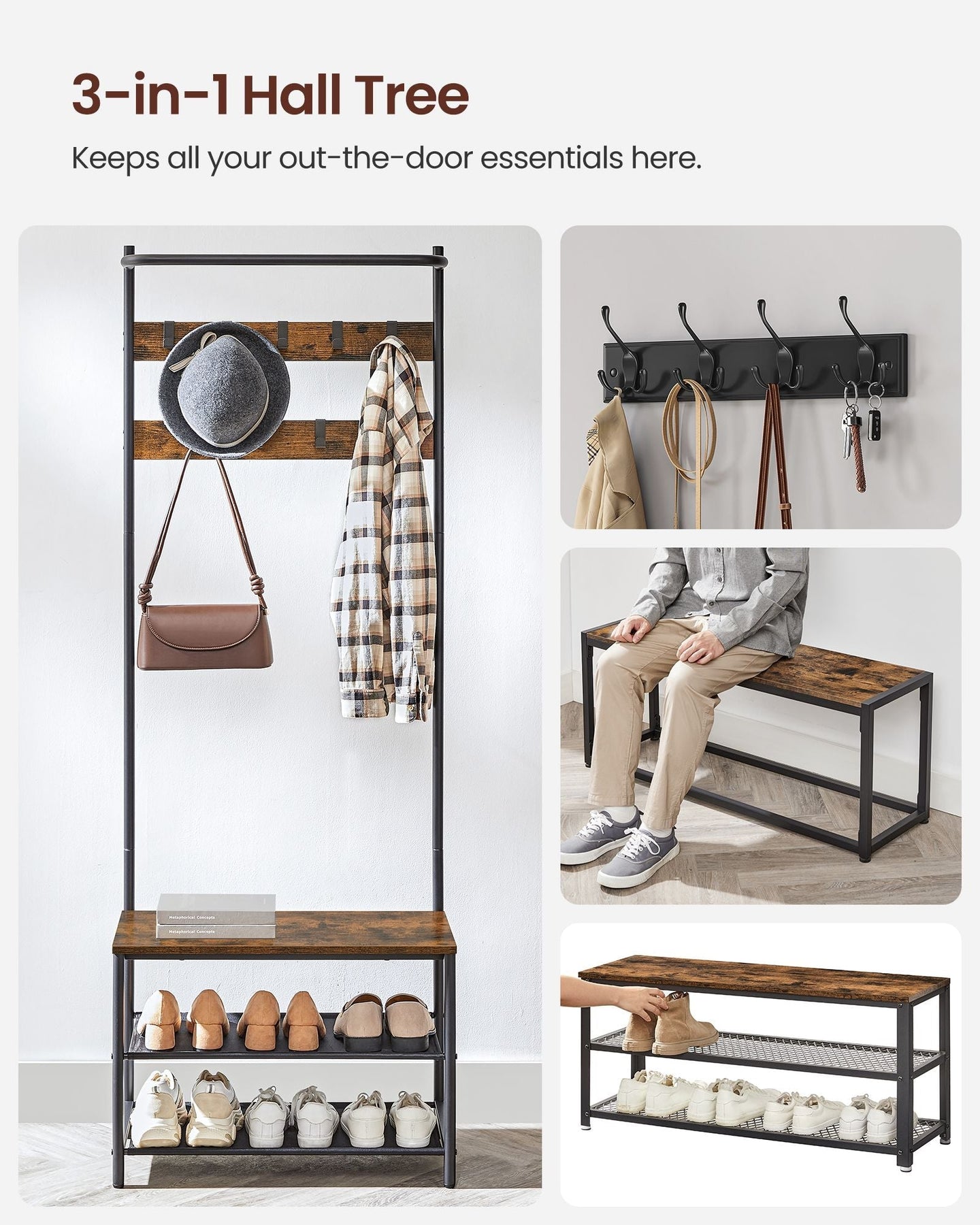 Coat Rack - Wood - Rustic Brown and Black - Hall Tree with Shoe Storage and Movable Hooks