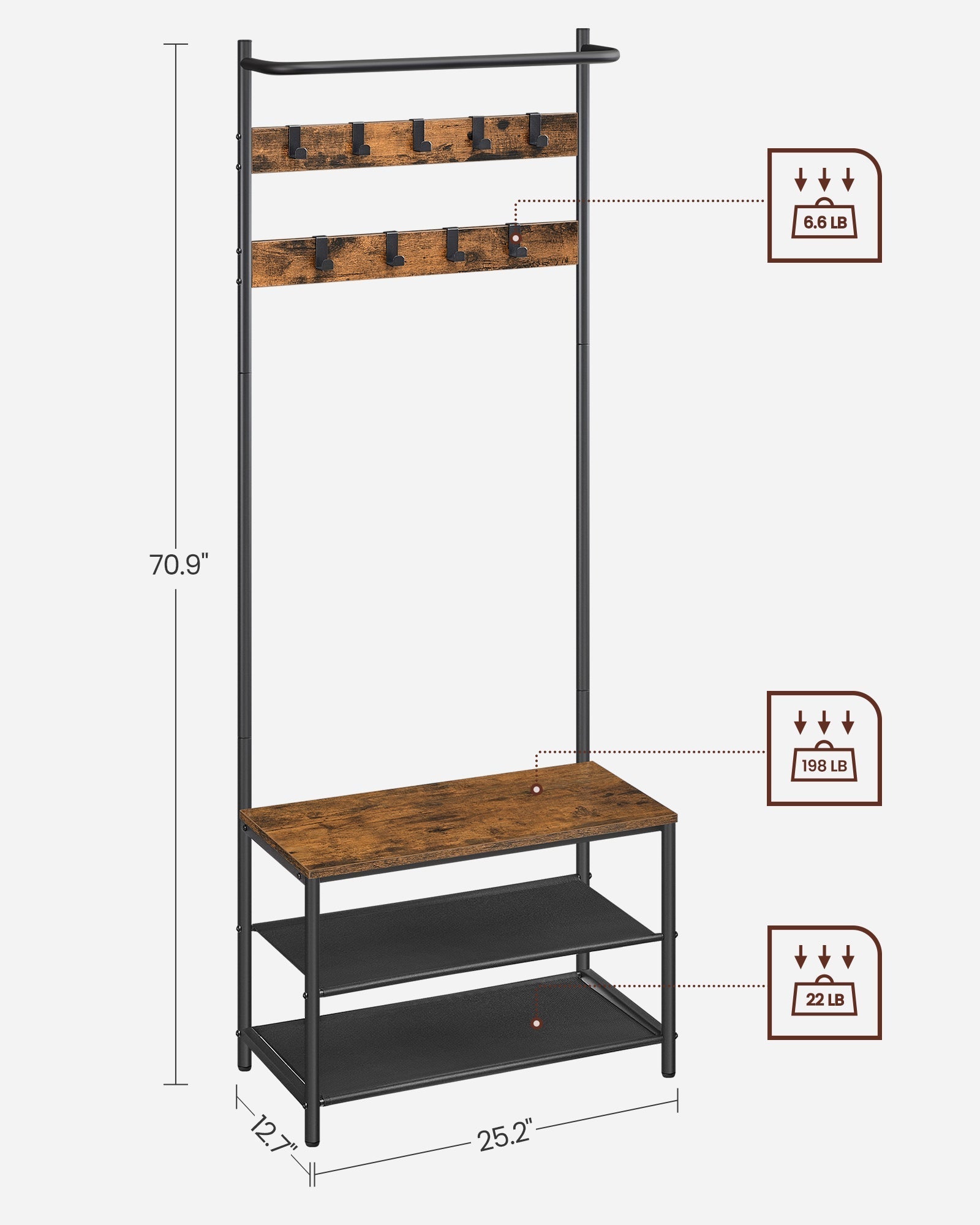 Coat Rack - Wood - Rustic Brown and Black - Hall Tree with Shoe Storage and Movable Hooks