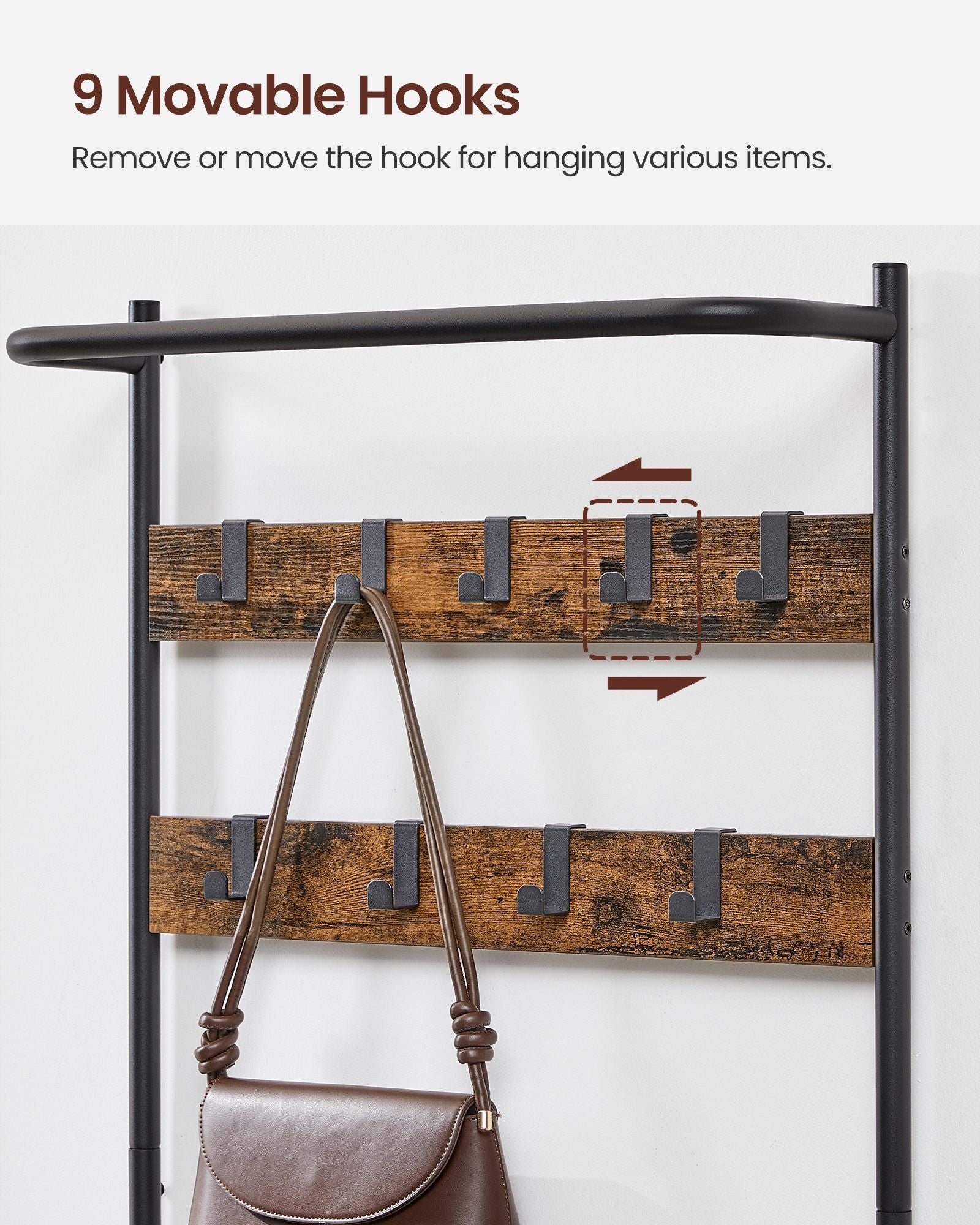 Coat Rack - Wood - Rustic Brown and Black - Hall Tree with Shoe Storage and Movable Hooks