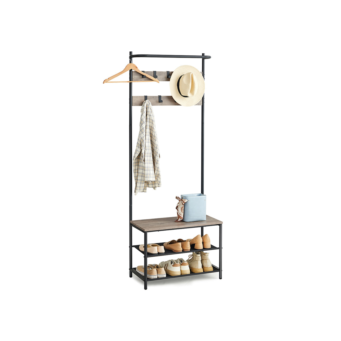 Coat Rack - Wood - Rustic Brown and Black - Hall Tree with Shoe Storage and Movable Hooks