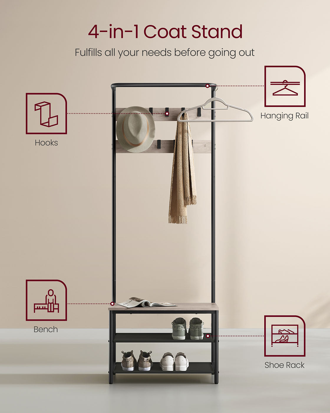 Industrial Hall Tree - Metal - Rustic Brown - 9 Adjustable Hooks and Overhead Bar