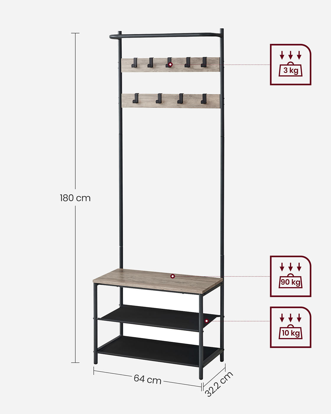Industrial Hall Tree - Metal - Rustic Brown - 9 Adjustable Hooks and Overhead Bar