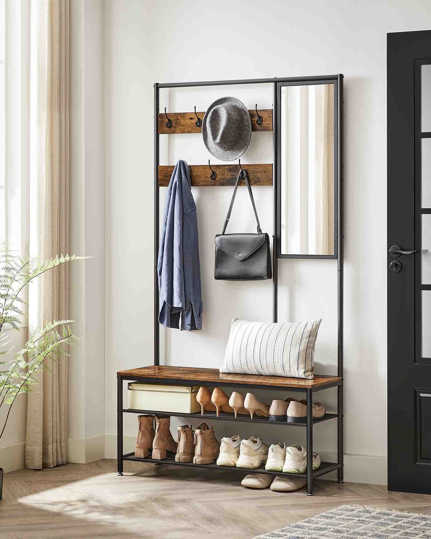 Coat Rack - Wood - Camel Brown - Includes Shoe Storage and Mirror