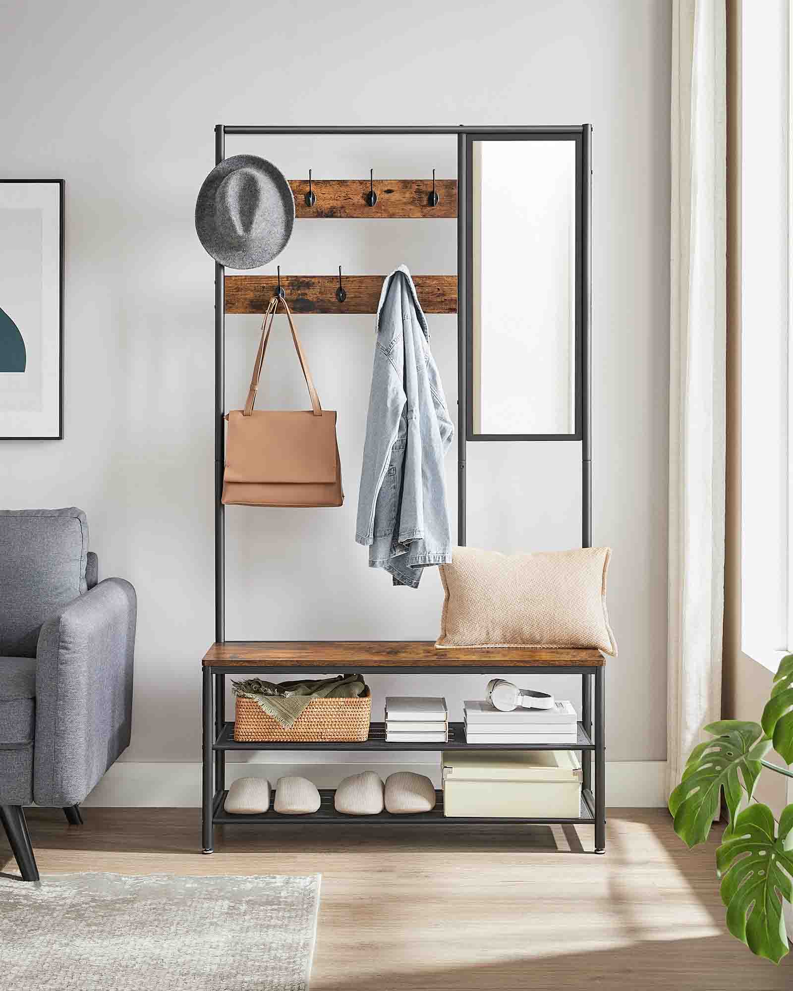 Coat Rack - Wood - Camel Brown - Includes Shoe Storage and Mirror