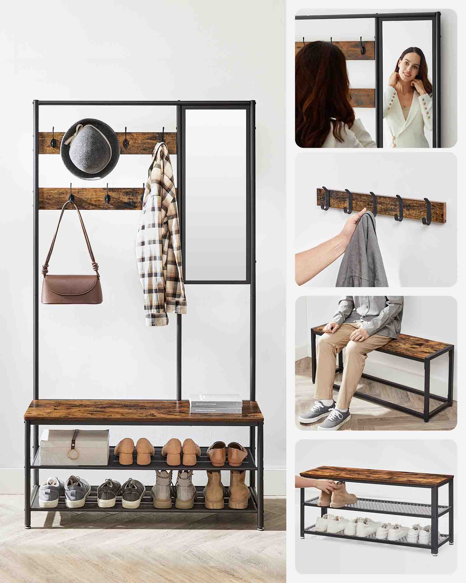 Coat Rack - Wood - Camel Brown - Includes Shoe Storage and Mirror