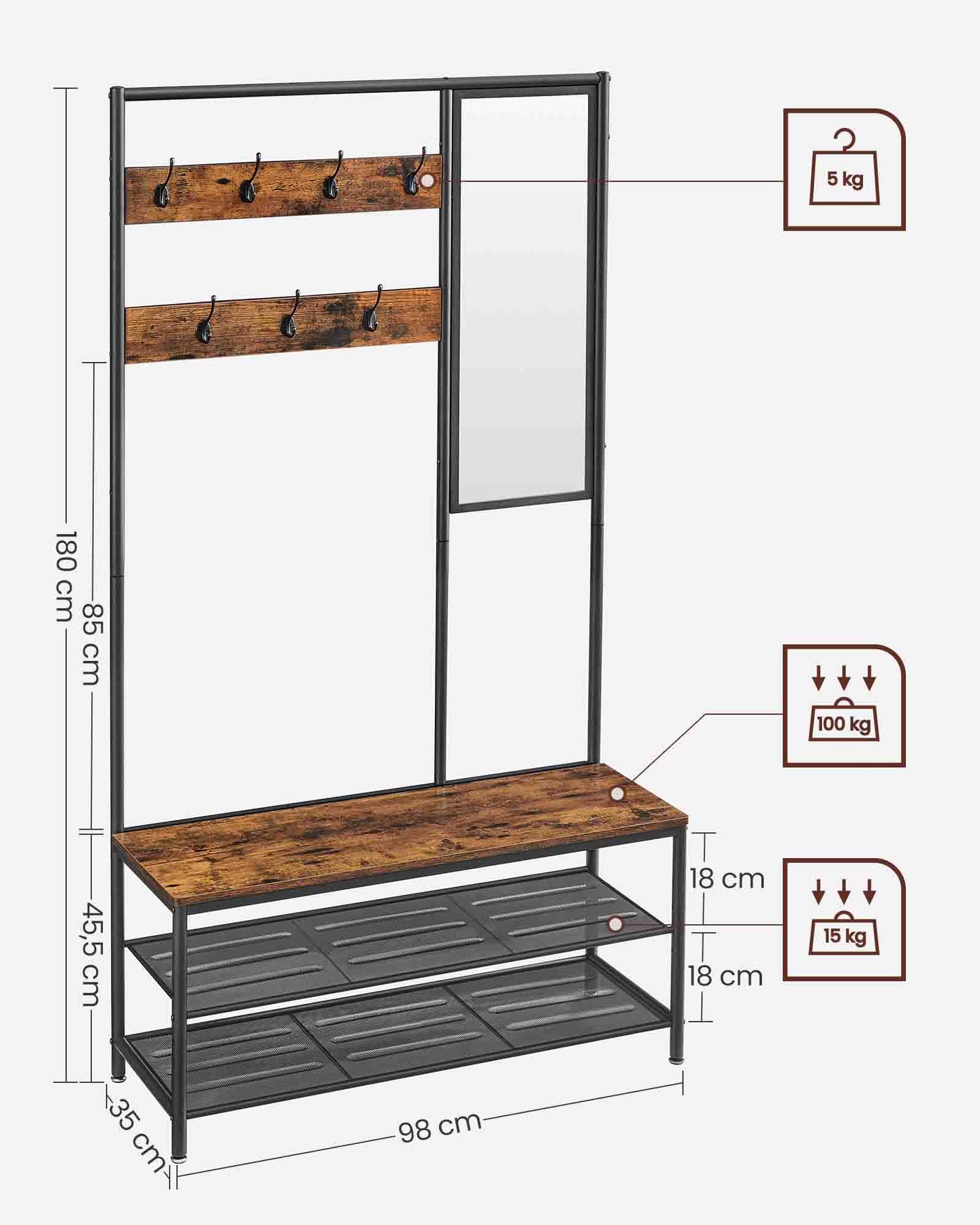Coat Rack - Wood - Camel Brown - Includes Shoe Storage and Mirror