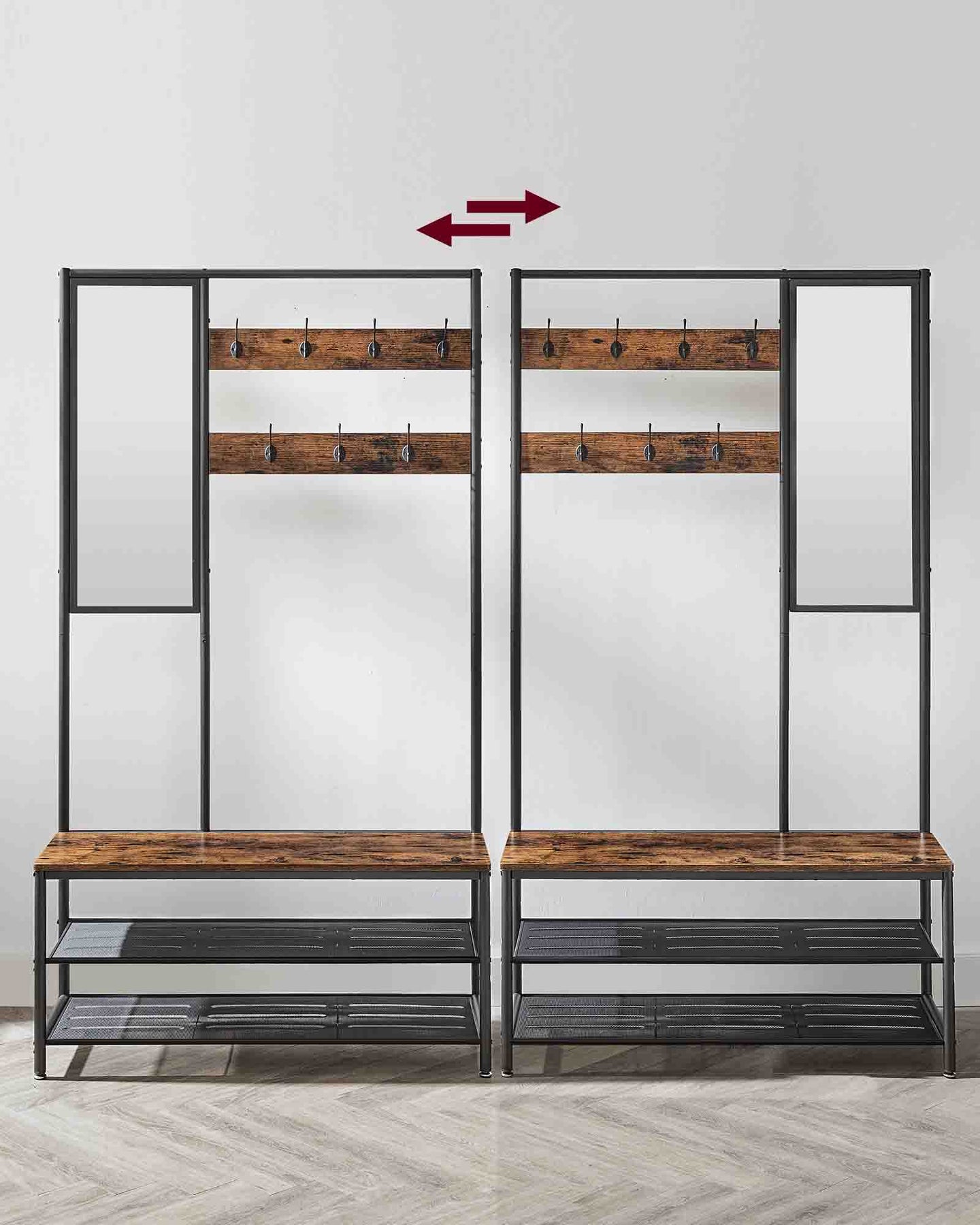 Coat Rack - Wood - Camel Brown - Includes Shoe Storage and Mirror