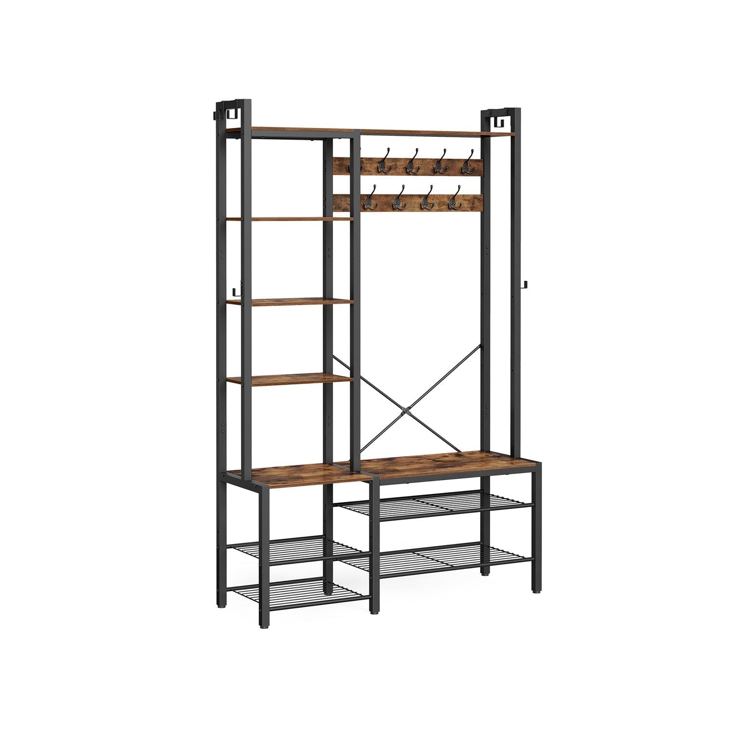 Coat Rack with Shoe Bench - Wood - Brown - 9 Hooks