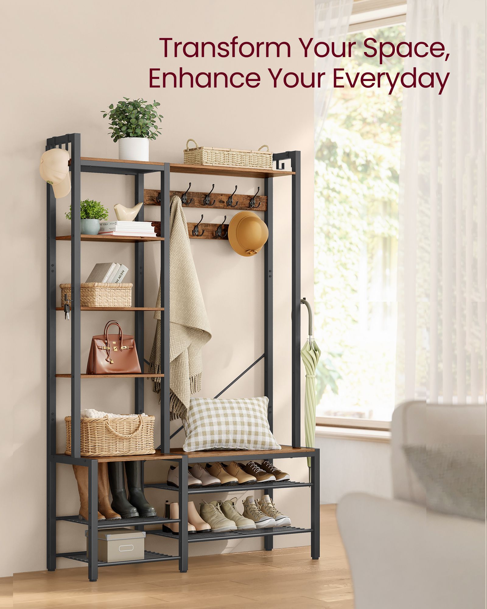 Coat Rack with Shoe Bench - Wood - Brown - 9 Hooks
