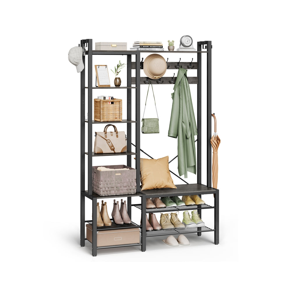 Hall Tree - Engineered Wood - Brown - Bench with Shoe Storage and Multiple Hooks