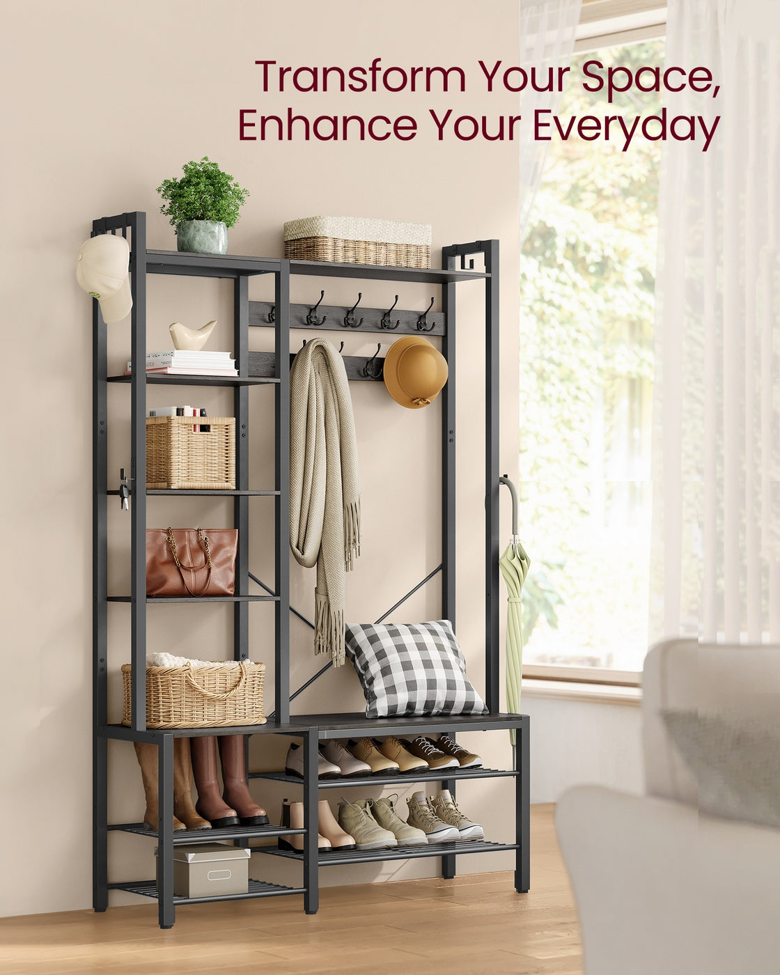 Hall Tree - Engineered Wood - Brown - Bench with Shoe Storage and Multiple Hooks