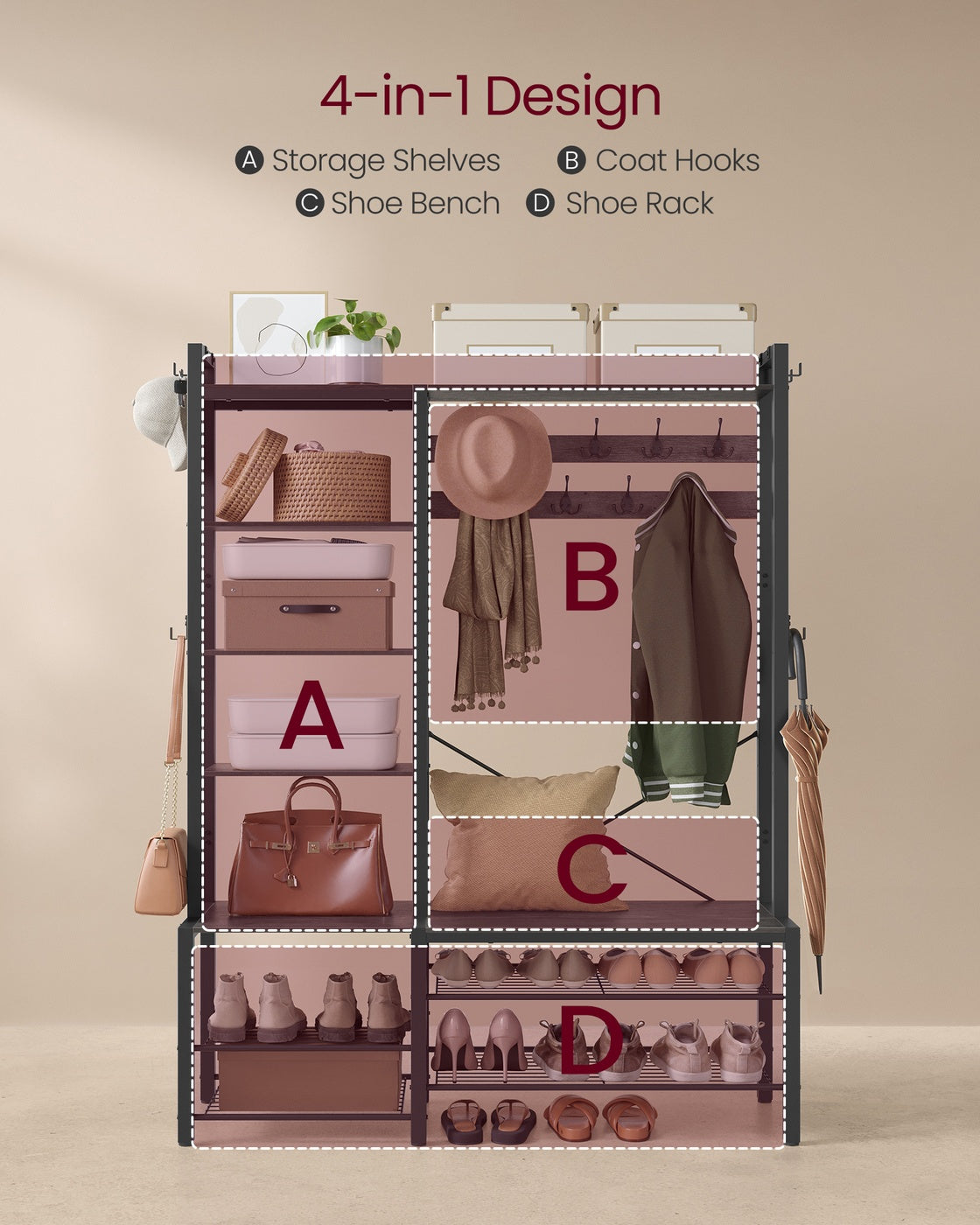 Hall Tree - Engineered Wood - Brown - Bench with Shoe Storage and Multiple Hooks