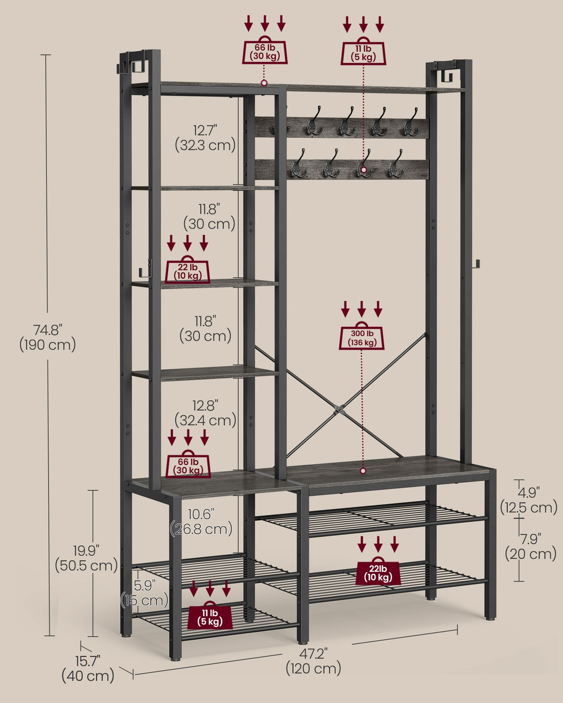 Hall Tree - Engineered Wood - Brown - Bench with Shoe Storage and Multiple Hooks