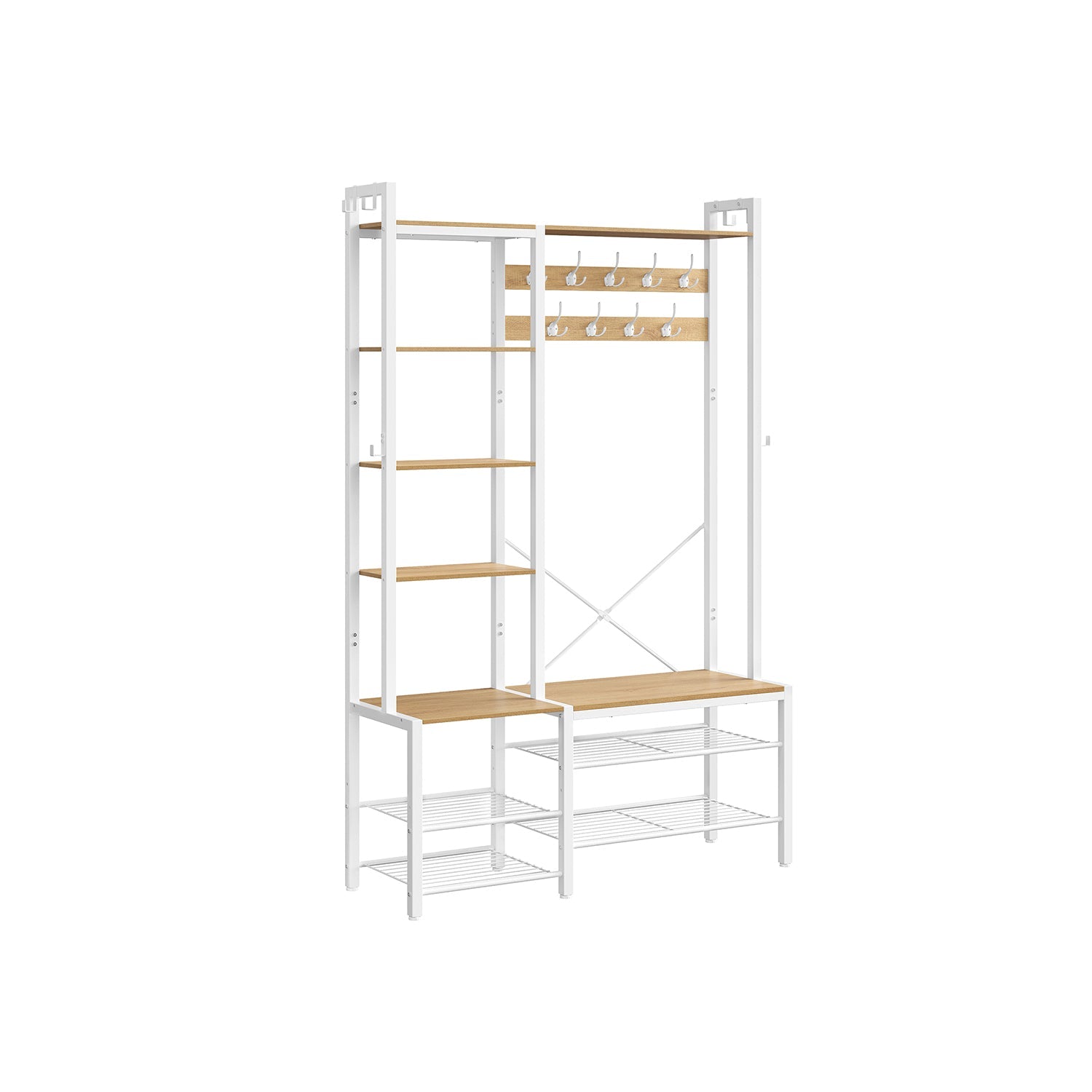 Hallway Coat Rack - Engineered Wood - Golden Oak - Bench with Shoe Storage and Multiple Hooks
