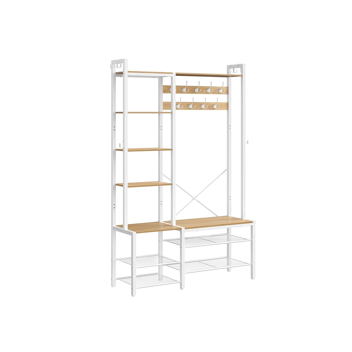 Hallway Coat Rack - Engineered Wood - Golden Oak - Bench with Shoe Storage and Multiple Hooks
