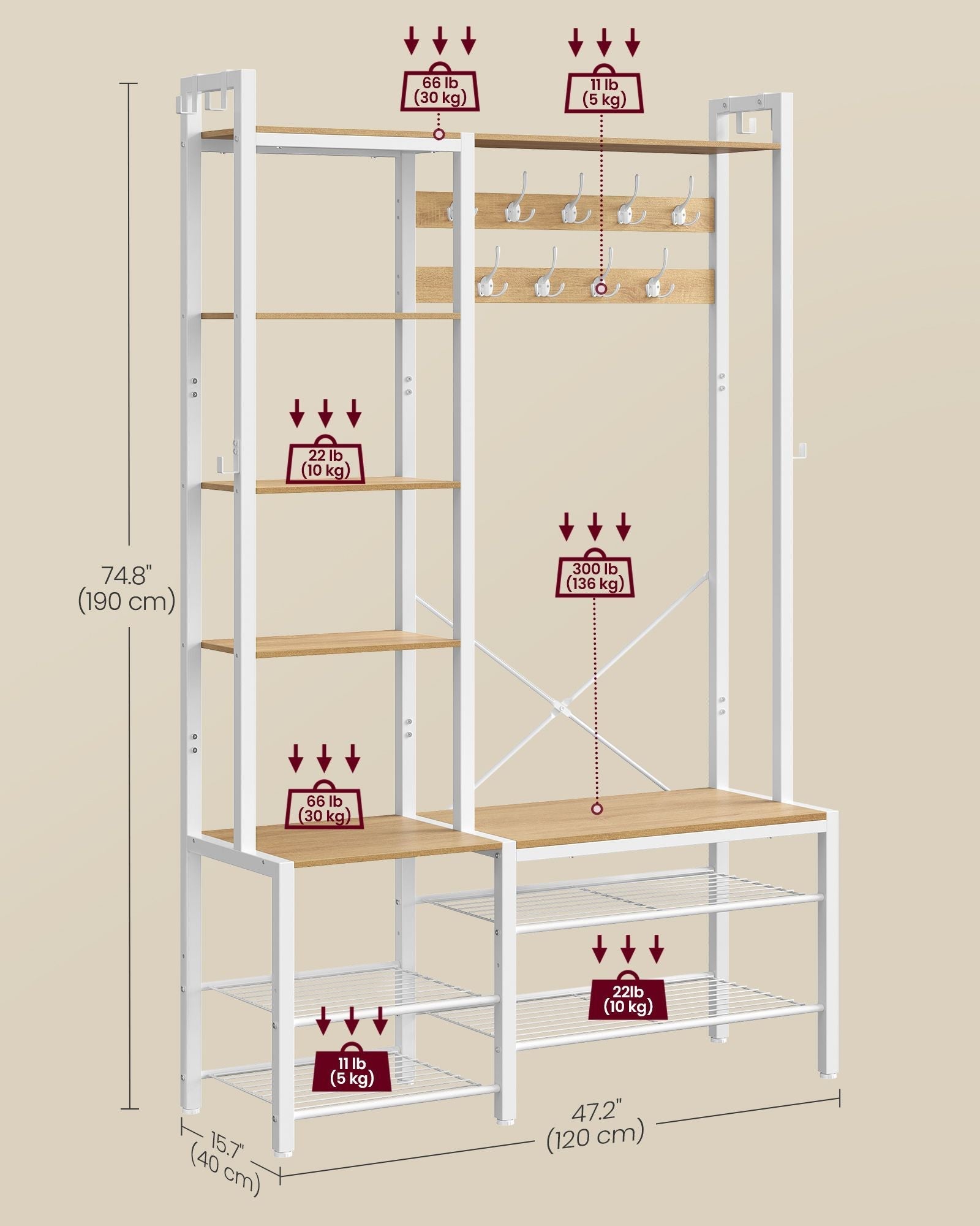 Hallway Coat Rack - Engineered Wood - Golden Oak - Bench with Shoe Storage and Multiple Hooks