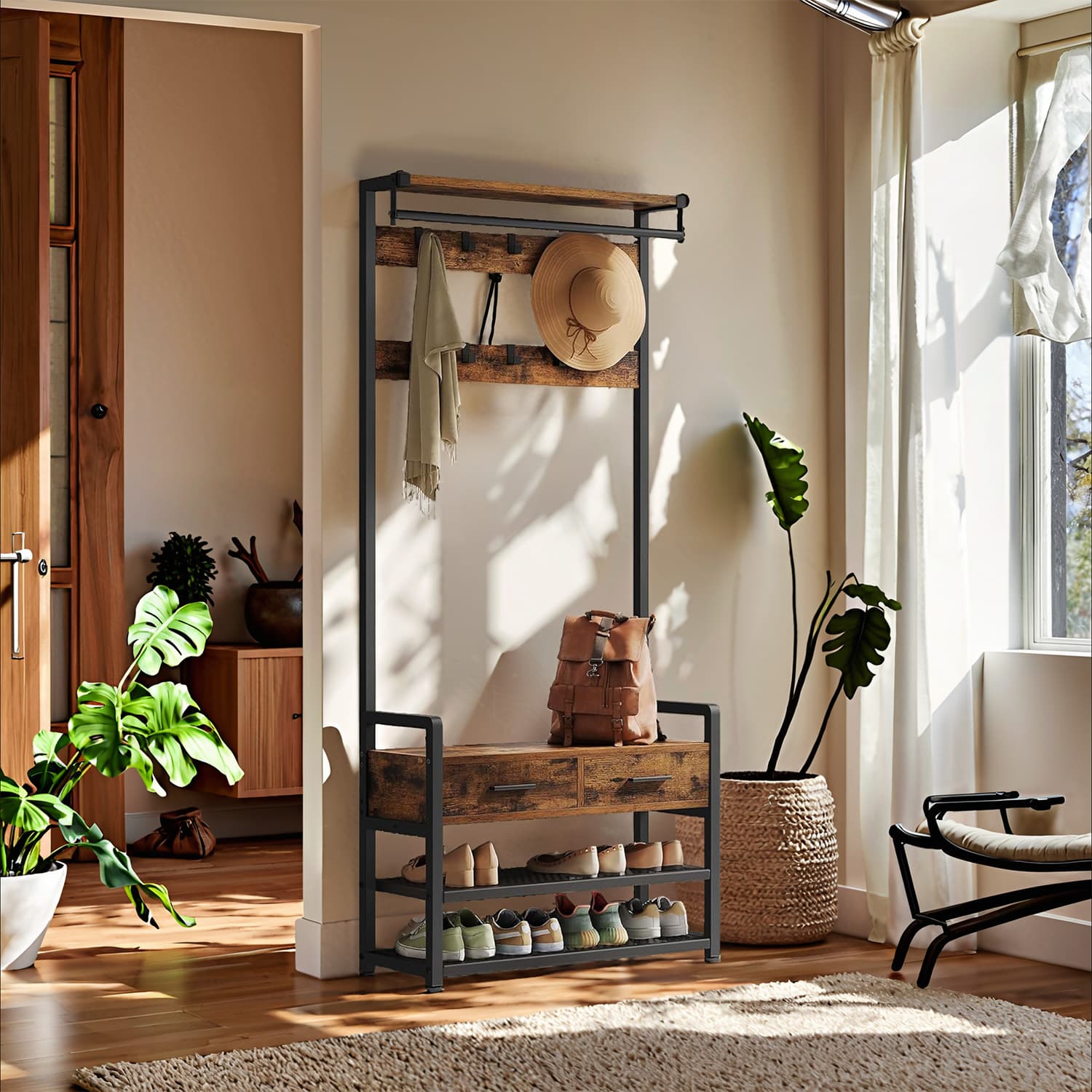 Coat and Shoe Rack - Wood - Brown - With Bench