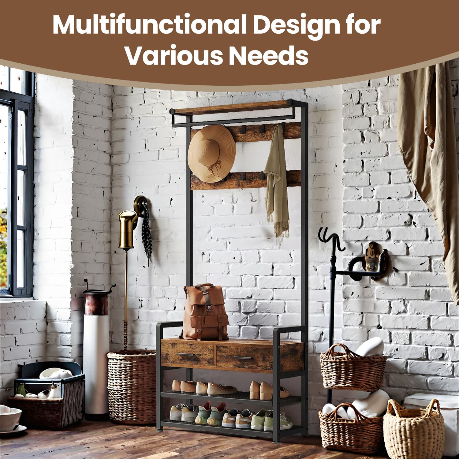 Coat and Shoe Rack - Wood - Brown - With Bench