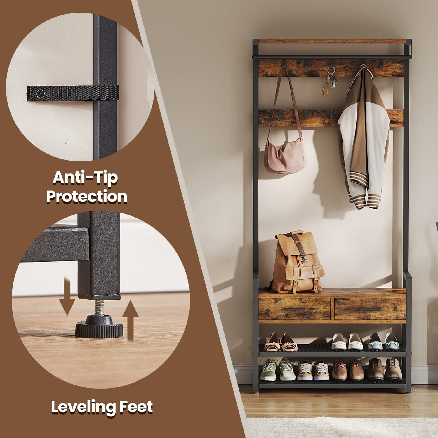 Coat and Shoe Rack - Wood - Brown - With Bench