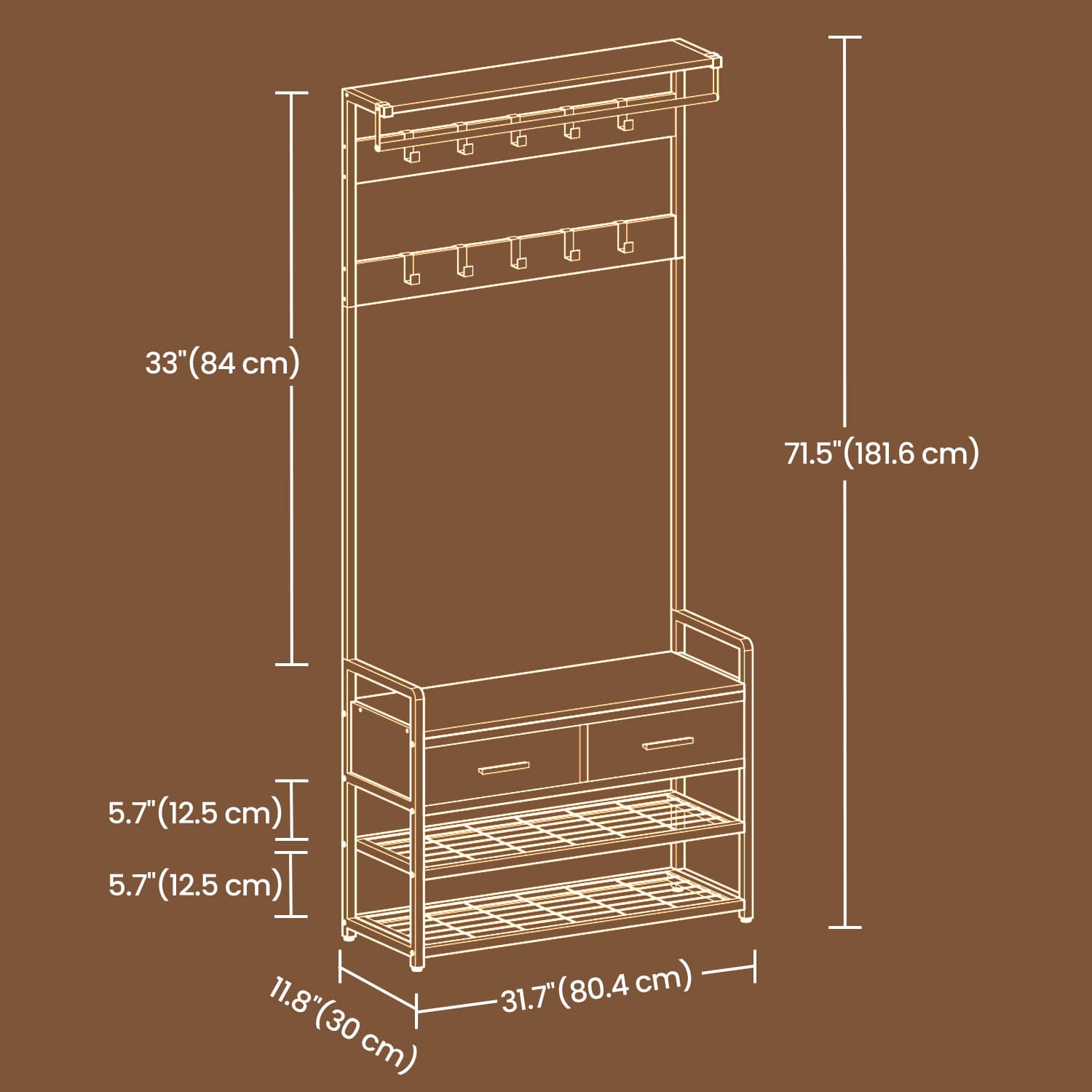 Coat and Shoe Rack - Wood - Brown - With Bench