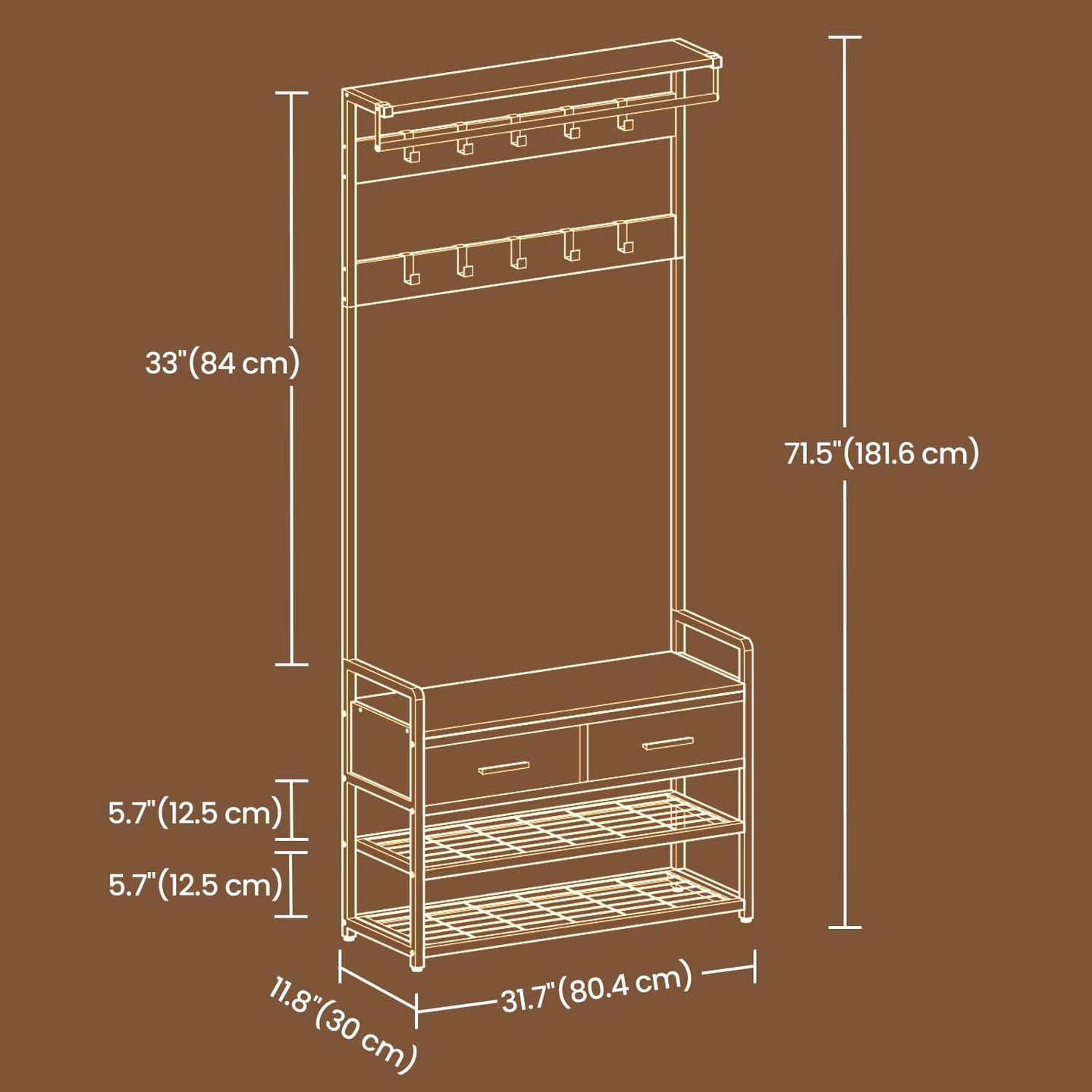 Coat and Shoe Rack - Wood - Brown - With Bench