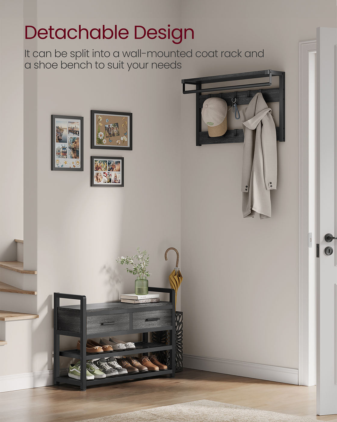 Hall Tree - Wood - Stone Grey and Ink Black
