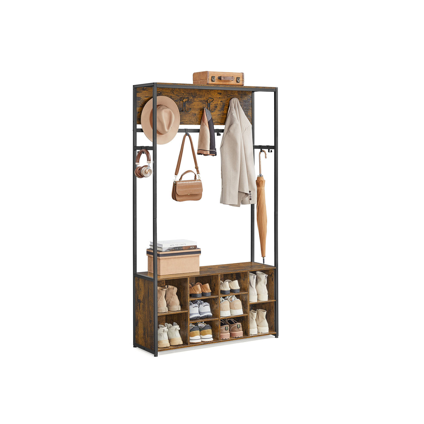Hall Tree - Wood - Rustic Brown - Bench with Shoe Storage and Coat Rack