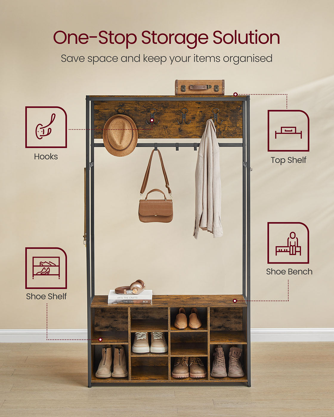 Hall Tree - Wood - Rustic Brown - Bench with Shoe Storage and Coat Rack