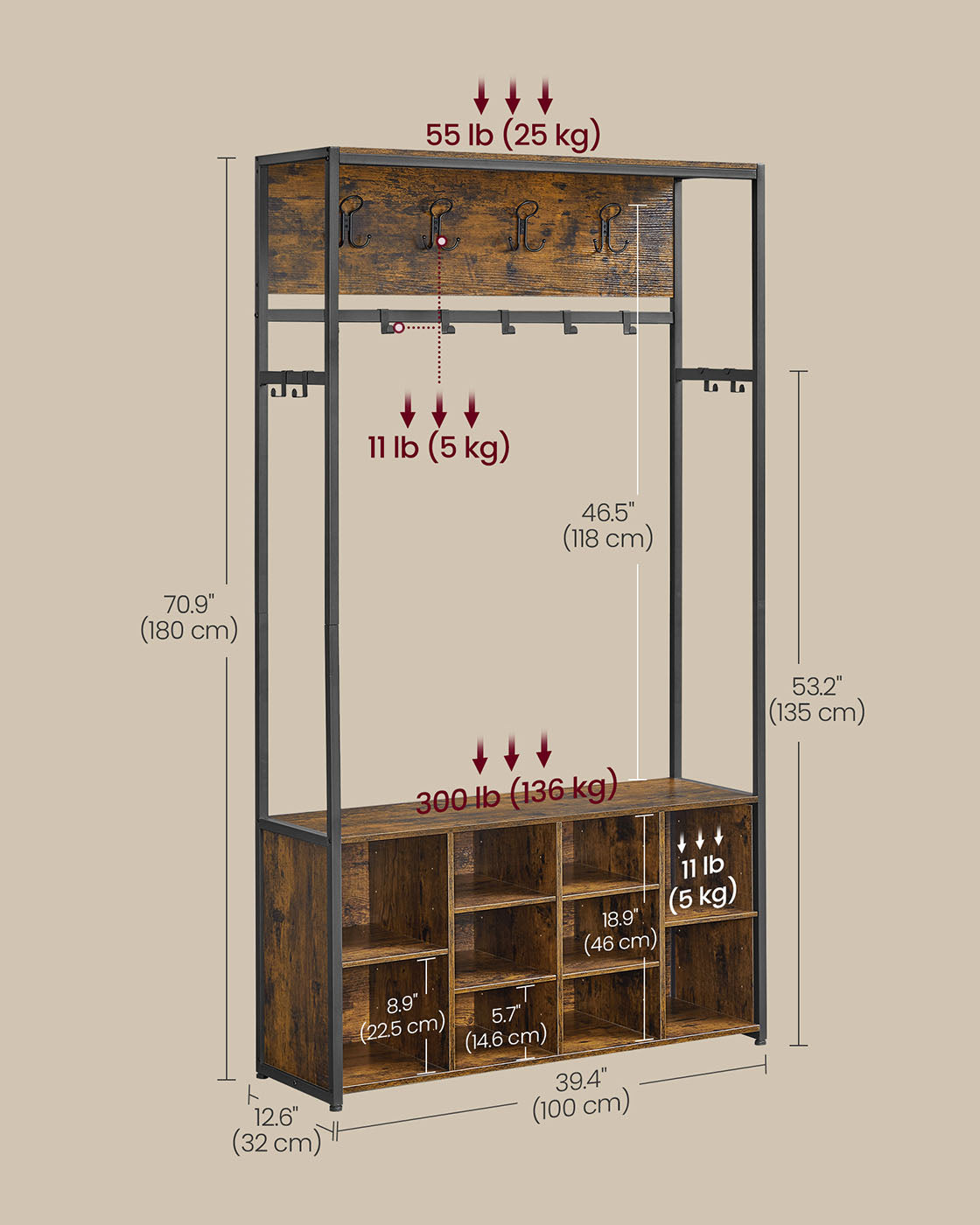 Hall Tree - Wood - Rustic Brown - Bench with Shoe Storage and Coat Rack