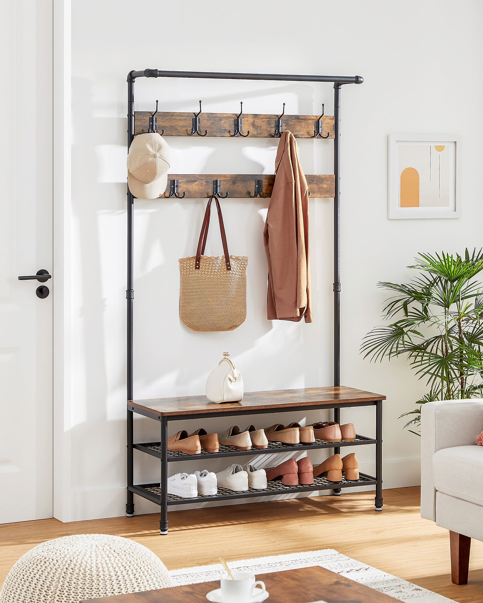Hall Tree - Steel - Industrial Gray - Multifunctional with 9 Hooks and Shoe Rack
