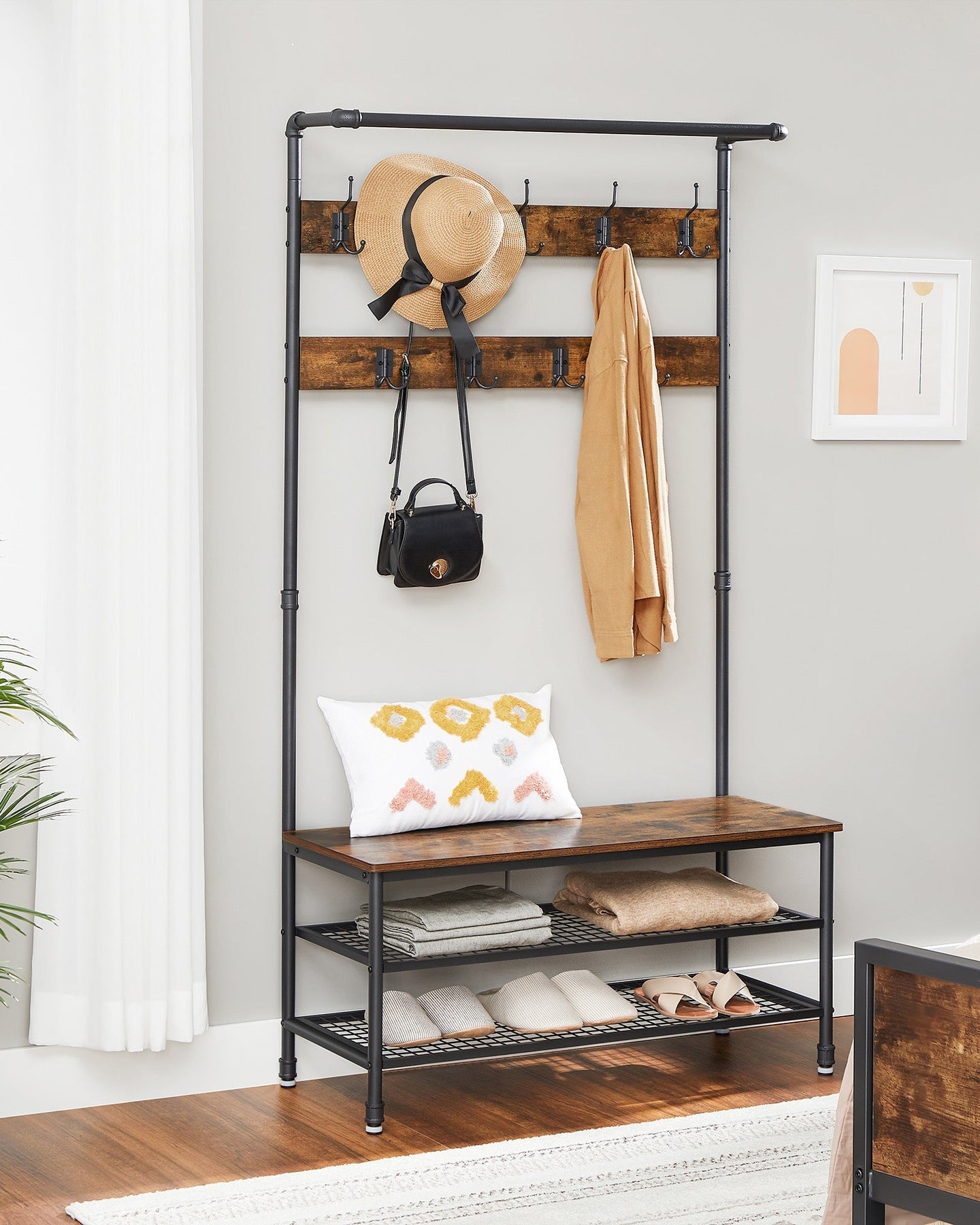 Hall Tree - Steel - Industrial Gray - Multifunctional with 9 Hooks and Shoe Rack