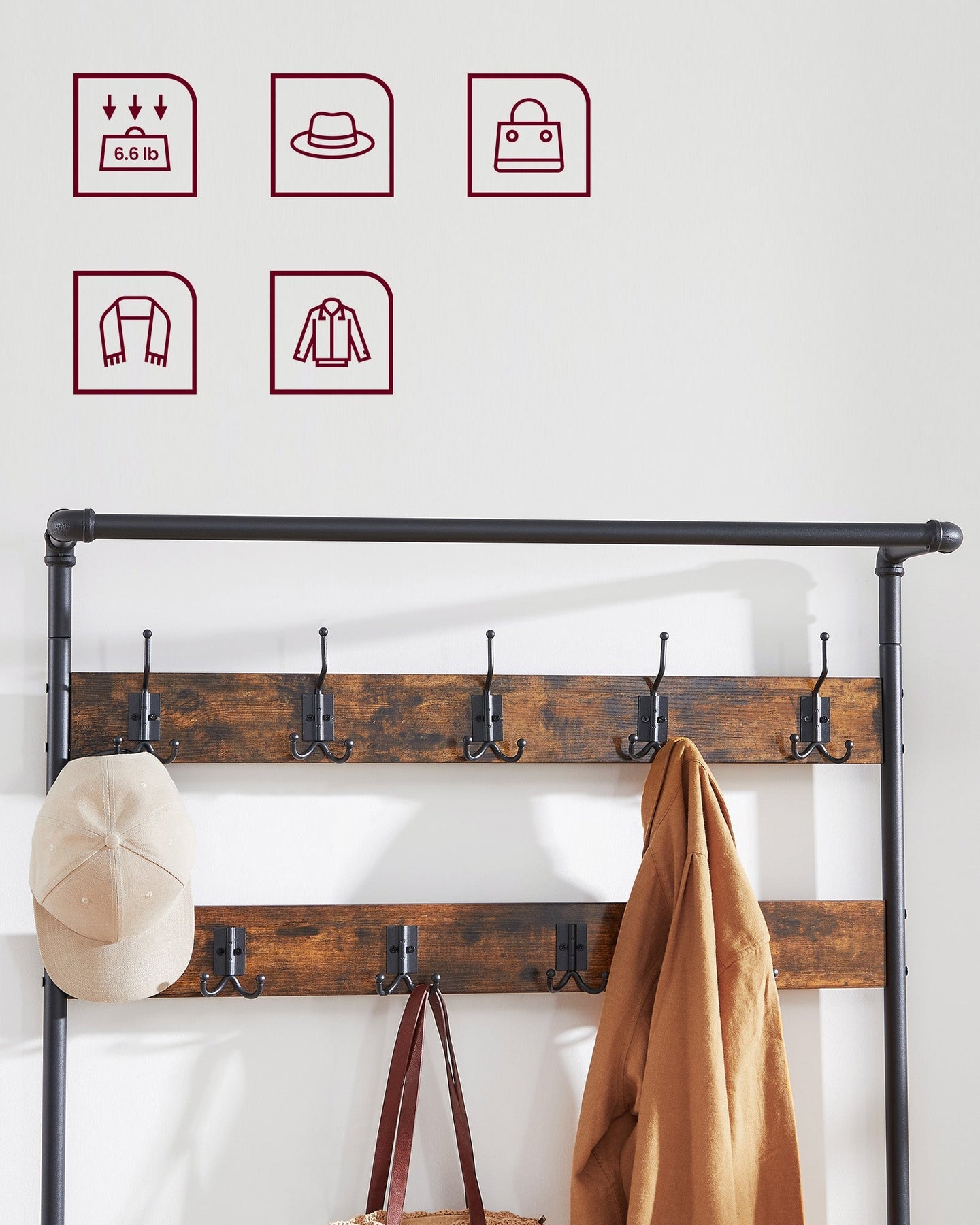 Hall Tree - Steel - Industrial Gray - Multifunctional with 9 Hooks and Shoe Rack