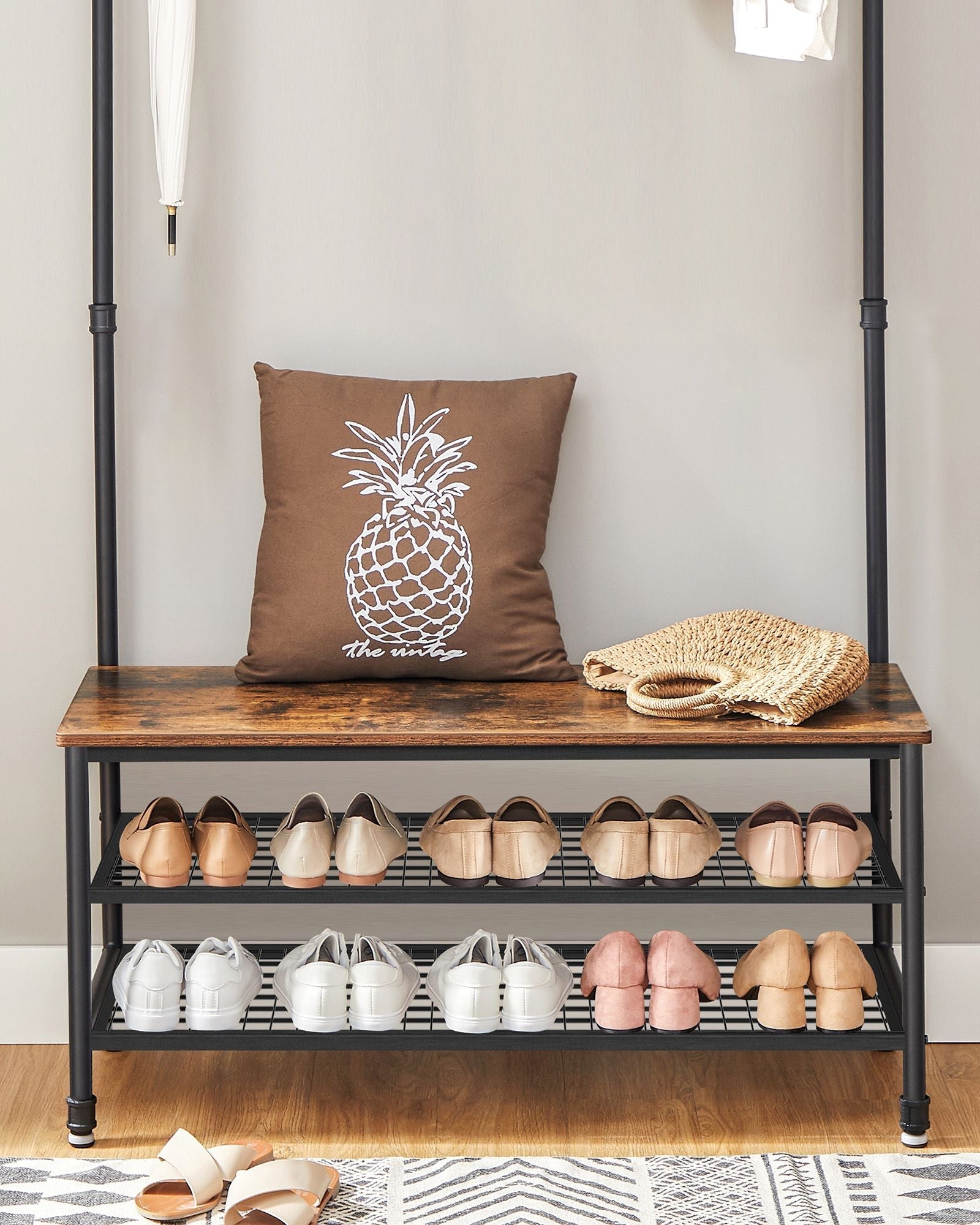 Hall Tree - Steel - Industrial Gray - Multifunctional with 9 Hooks and Shoe Rack