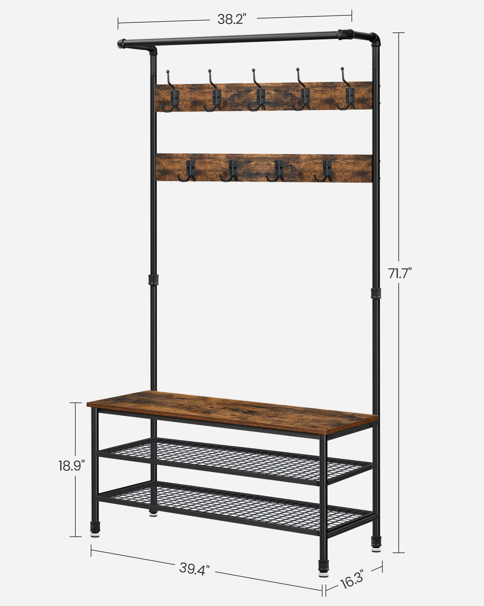 Hall Tree - Steel - Industrial Gray - Multifunctional with 9 Hooks and Shoe Rack