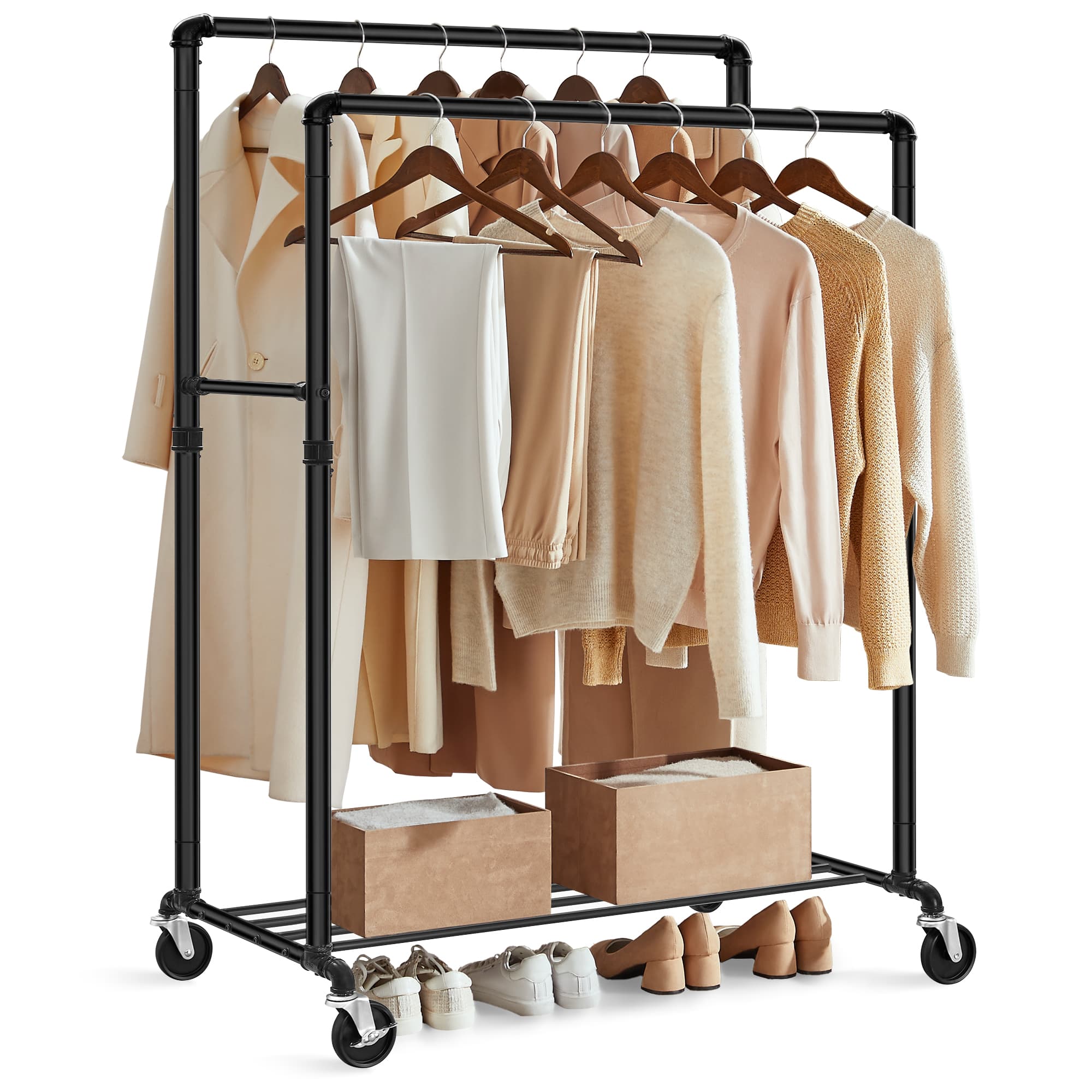 Industrial Pipe Clothes Rack - Heavy Duty Metal - Black - Double Hanging Rail with Shelf