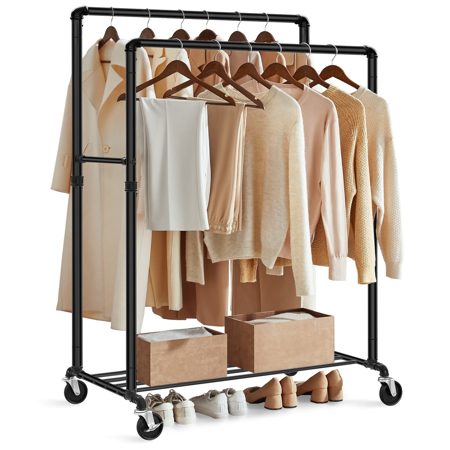 Industrial Pipe Clothes Rack - Heavy Duty Metal - Black - Double Hanging Rail with Shelf