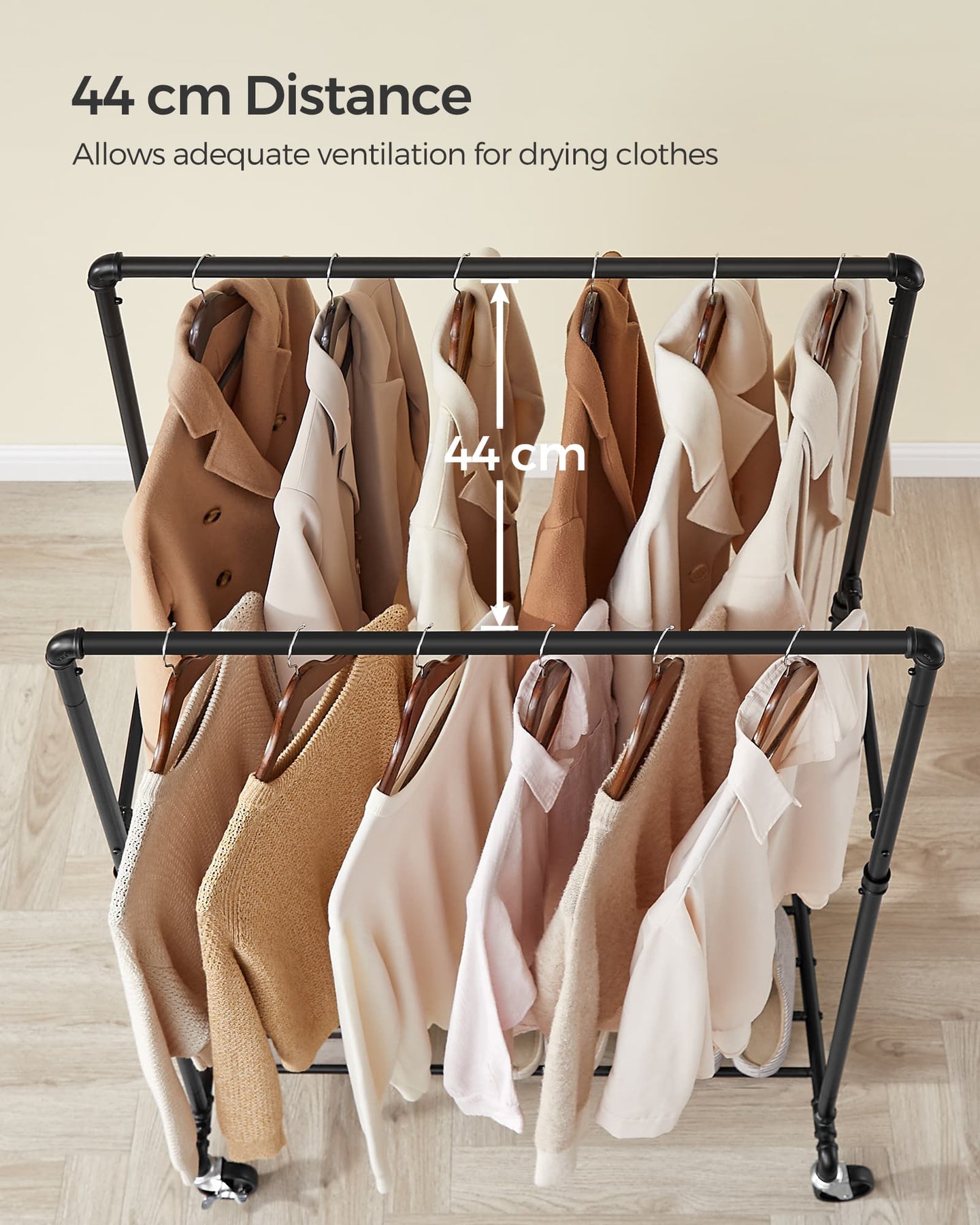 Industrial Pipe Clothes Rack - Heavy Duty Metal - Black - Double Hanging Rail with Shelf