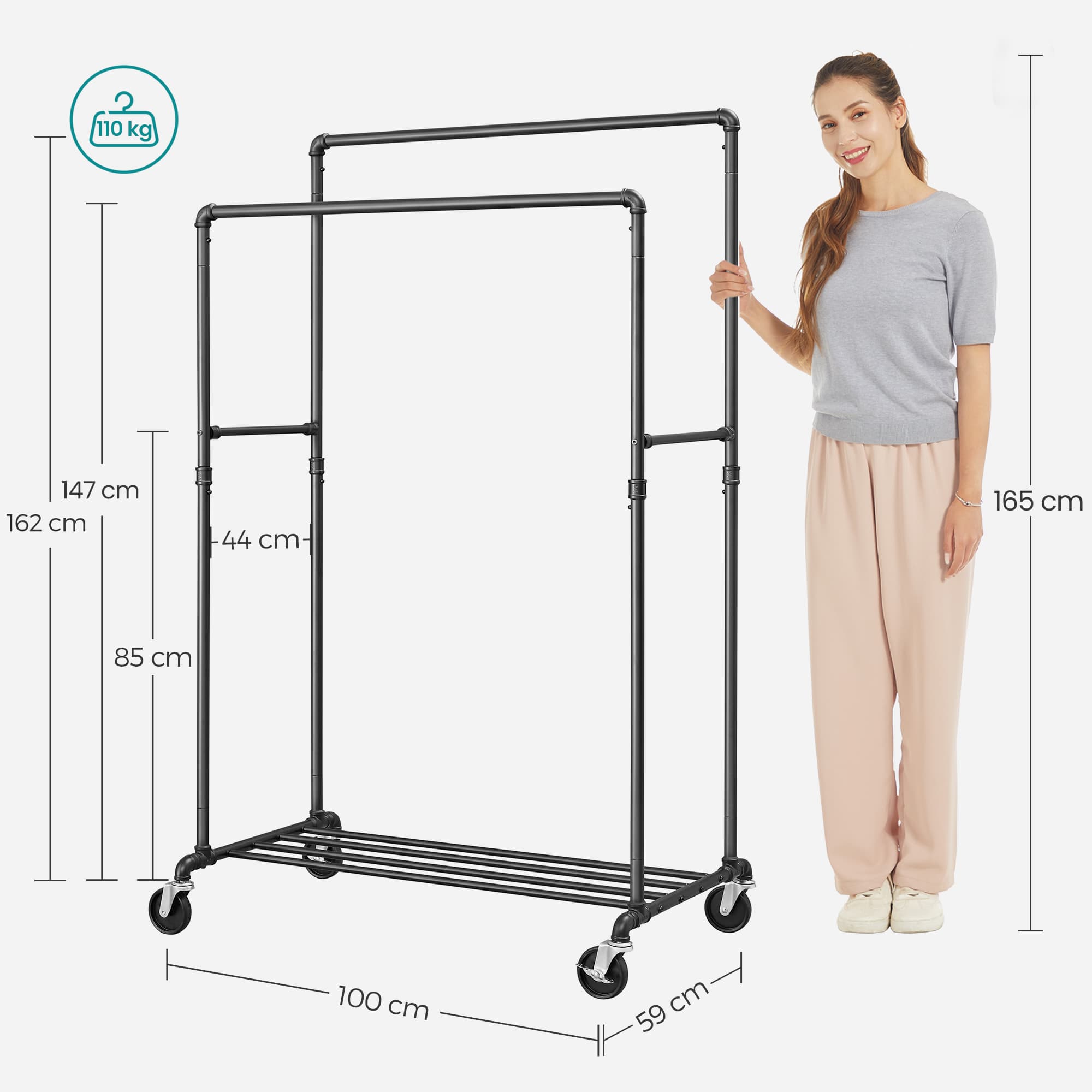 Industrial Pipe Clothes Rack - Heavy Duty Metal - Black - Double Hanging Rail with Shelf