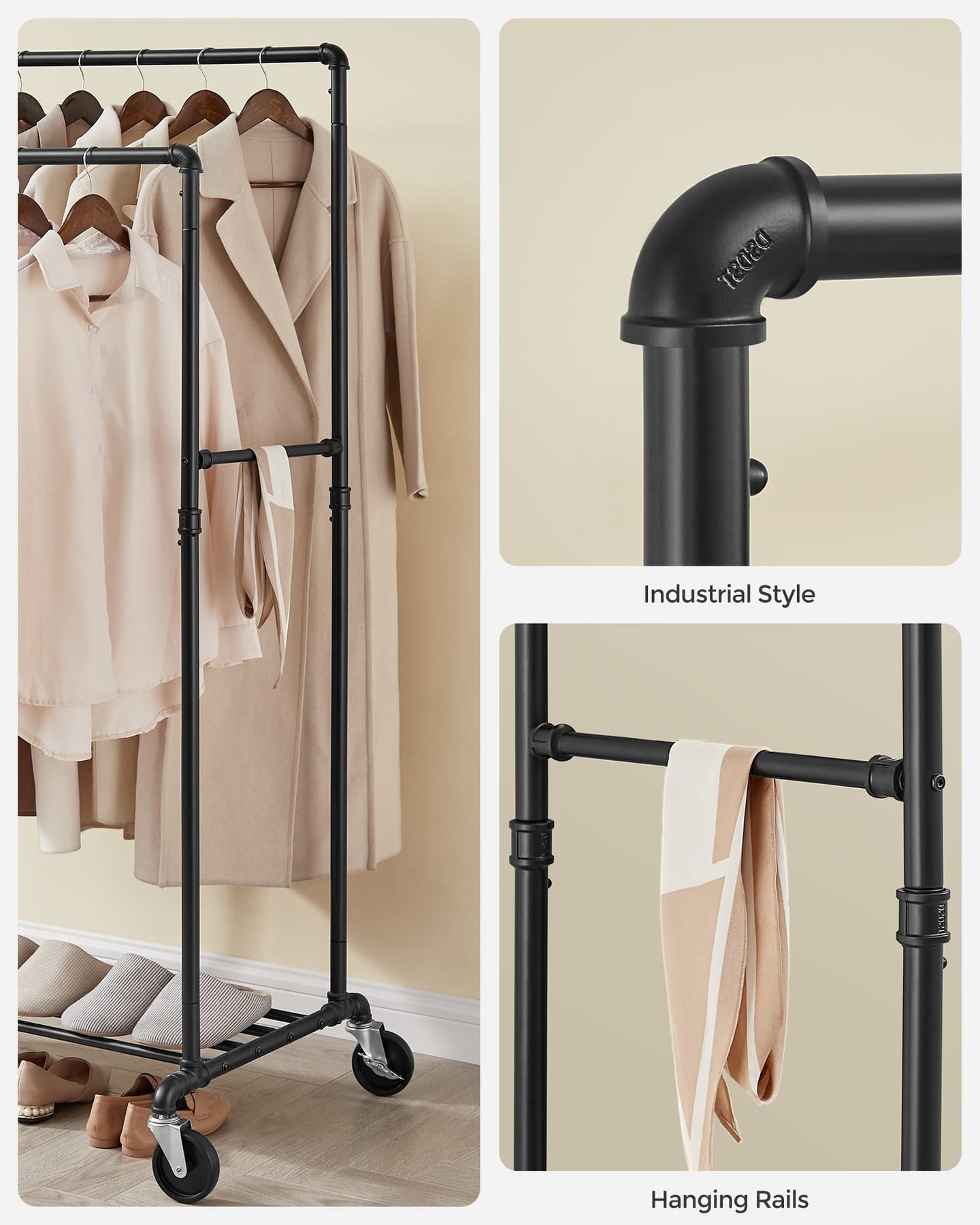 Industrial Pipe Clothes Rack - Heavy Duty Metal - Black - Double Hanging Rail with Shelf