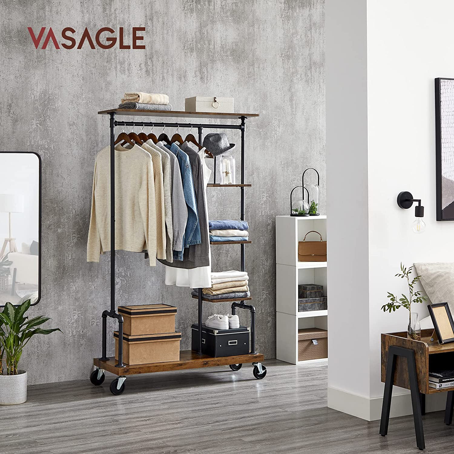 5-Tier Rolling Garment Organiser - Metal Frame - Brown and Black - Versatile Clothes Storage Rack for Laundry Room and Bedroom