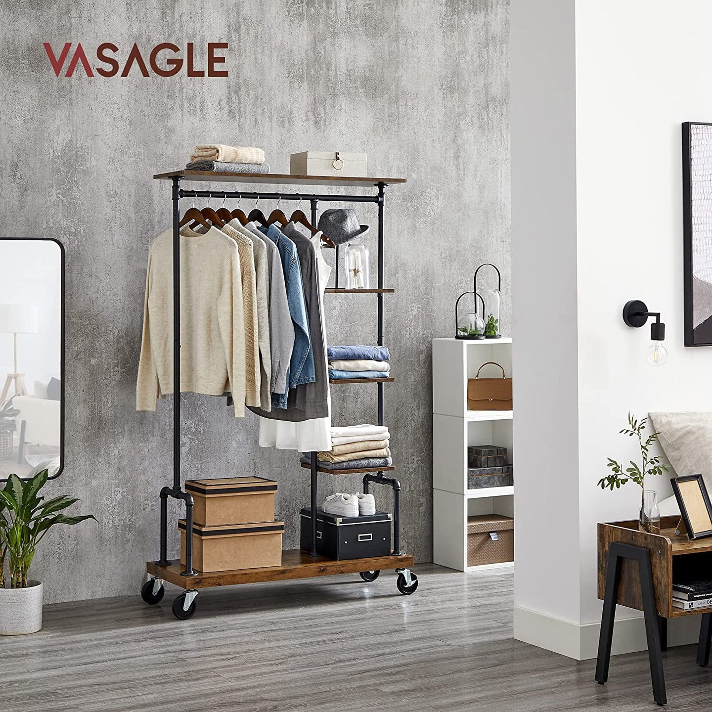 5-Tier Rolling Garment Organiser - Metal Frame - Brown and Black - Versatile Clothes Storage Rack for Laundry Room and Bedroom