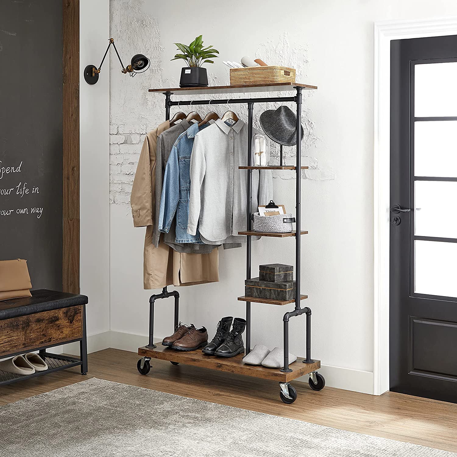 5-Tier Rolling Garment Organiser - Metal Frame - Brown and Black - Versatile Clothes Storage Rack for Laundry Room and Bedroom